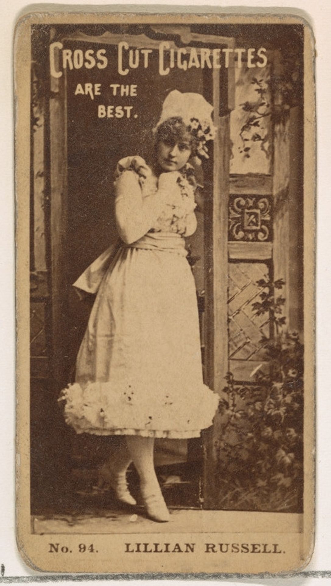 Card Number 94, Lillian Russell, from the Actors and Actresses series (N145-2) issued by Duke Sons & Co. to promote Cross Cut Cigarettes by W. Duke, Sons & Co.
