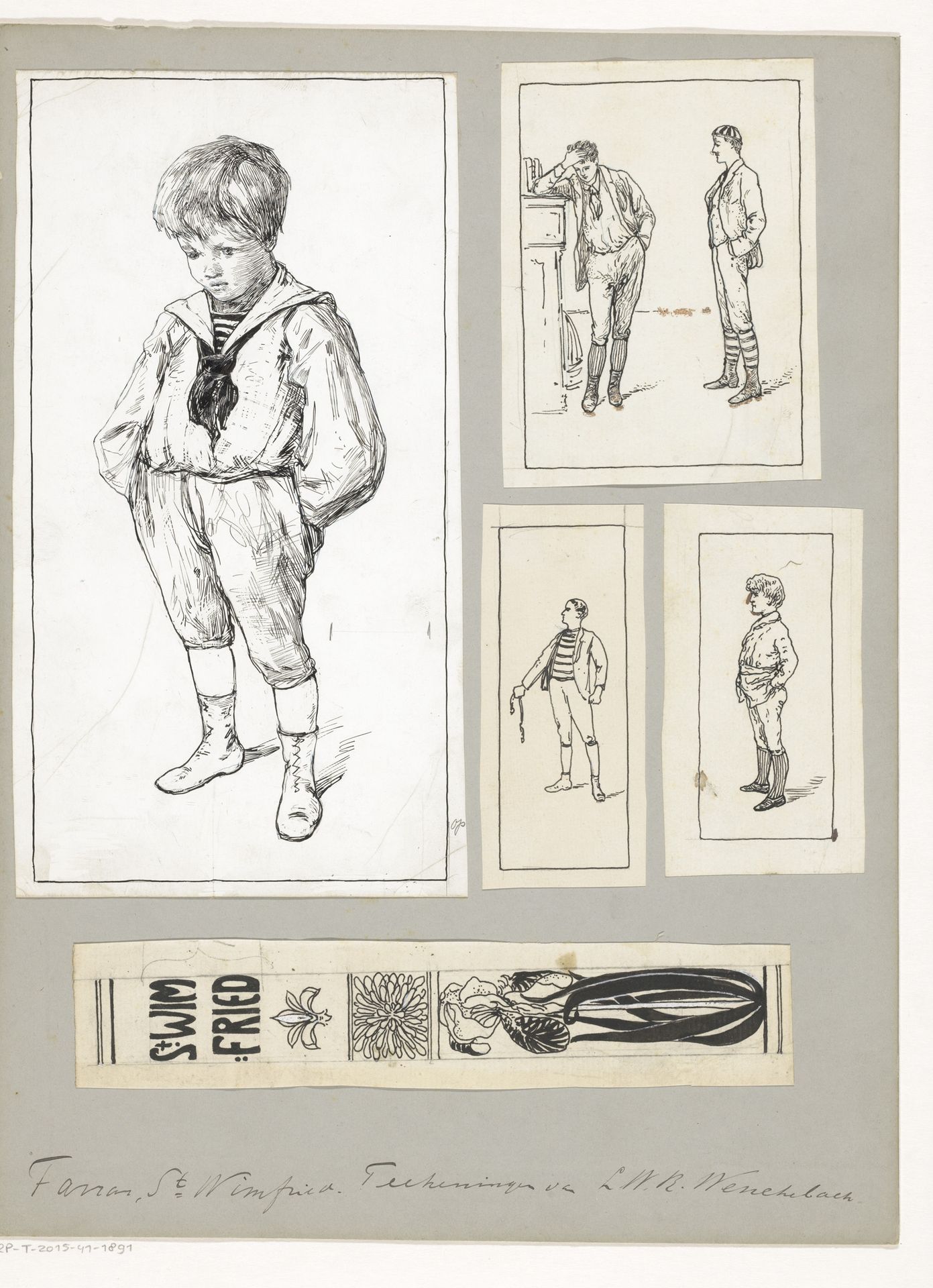 Ontwerpen voor een boekrug en illustraties voor: F.W. Farrar, St. Wimfried of de schoolwereld, 1894 by Willem Wenckebach