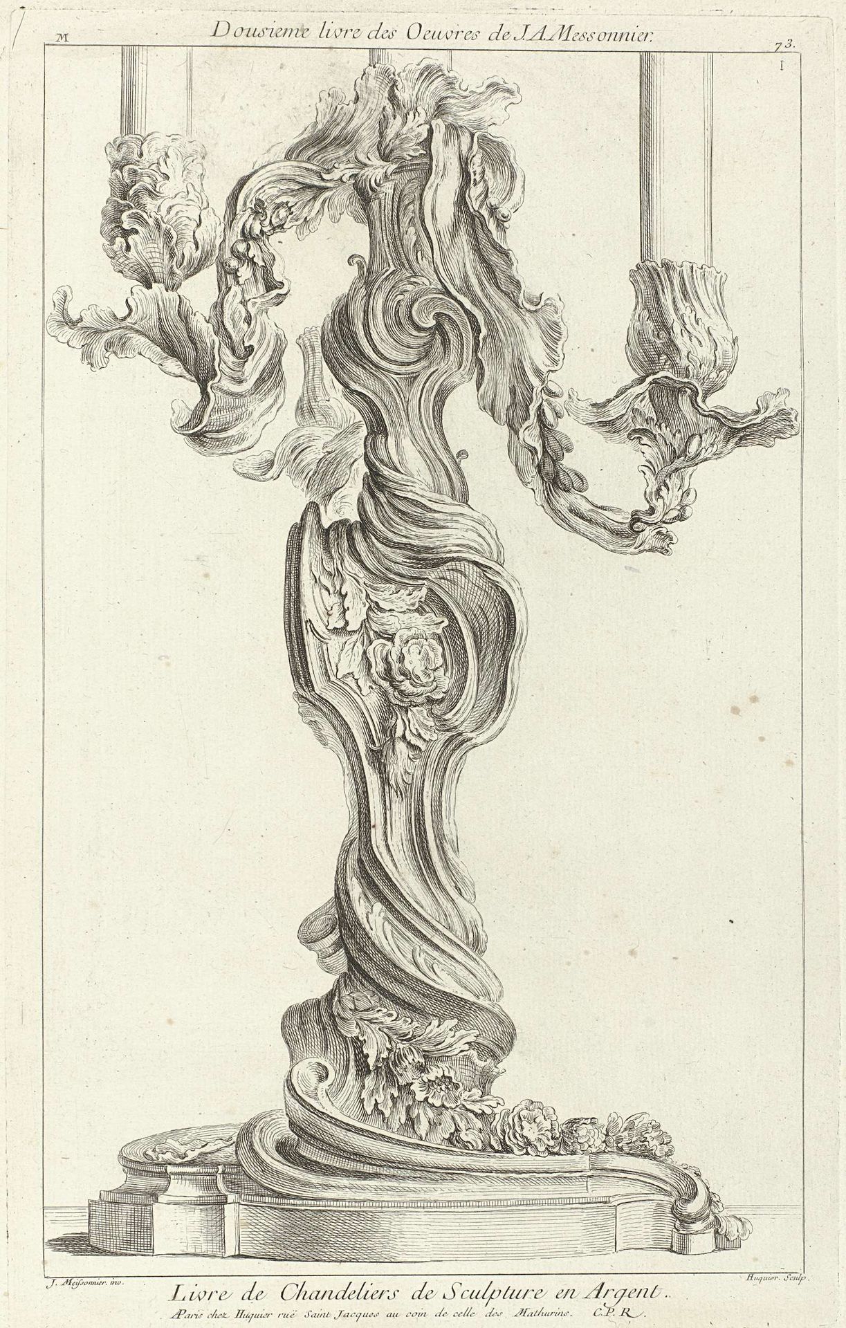 Ontwerp voor een driearmige kandelaber met florale decoratie by Gabriel Huquier
