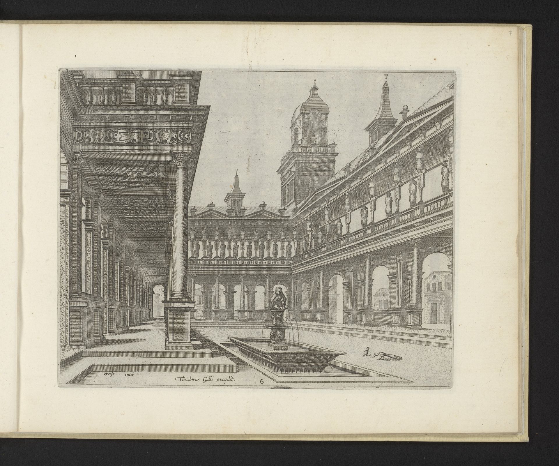 Hof met een fontein in een rechthoekig bassin by Johannes of Lucas van Doetechum