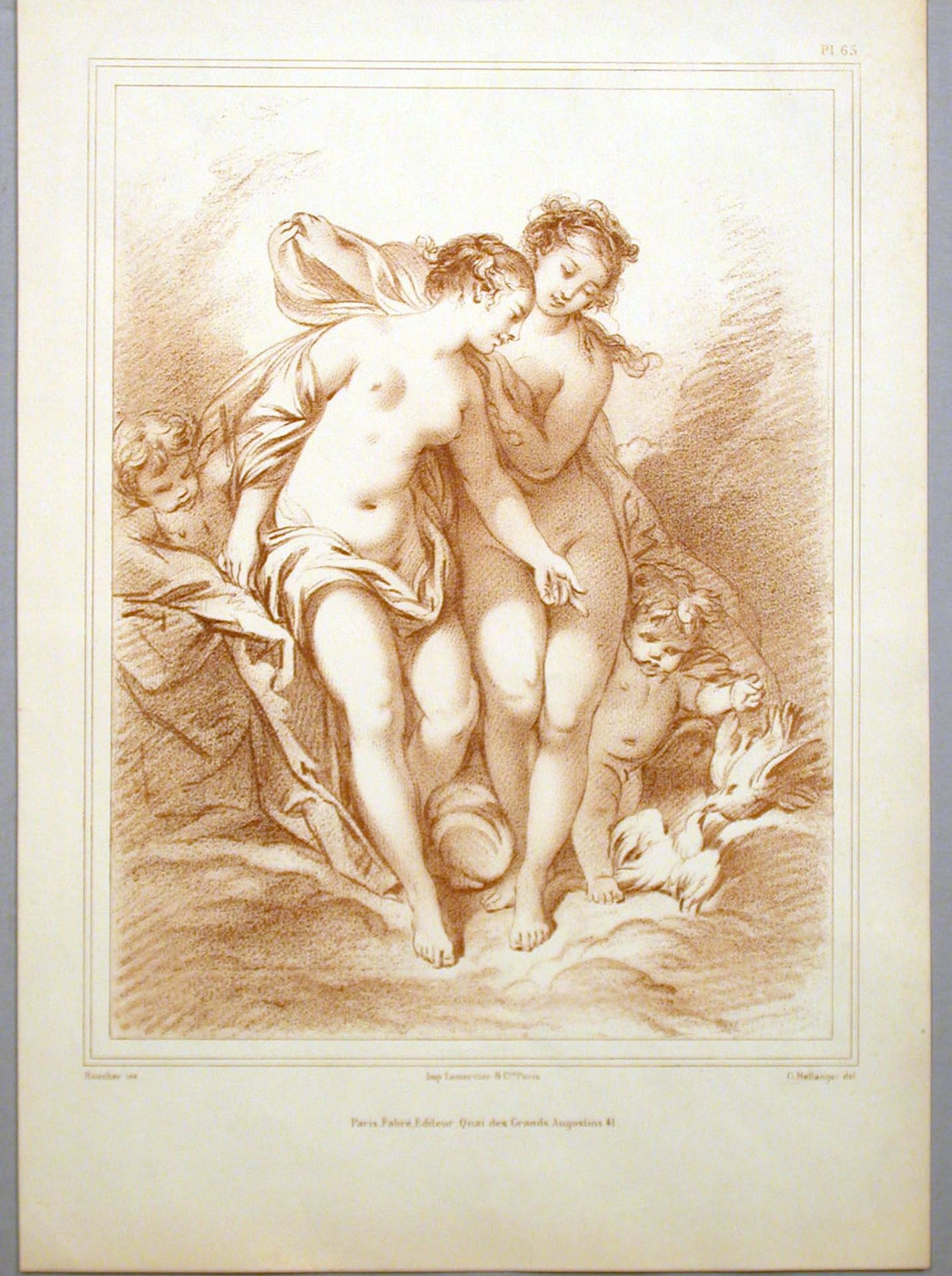 Untitled: Two female nudes with two putti and doves by After Bellanger (?)