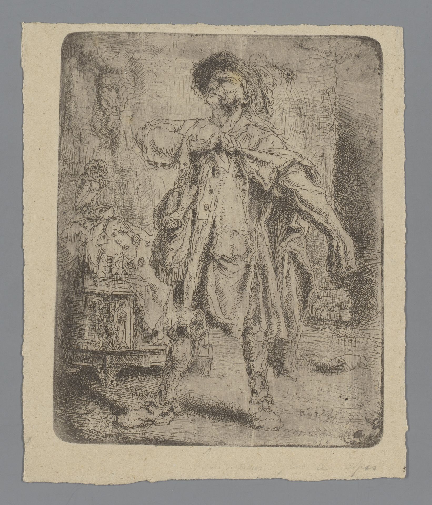 Man in een interieur trekt zijn jas aan by Willem (II) Linnig
