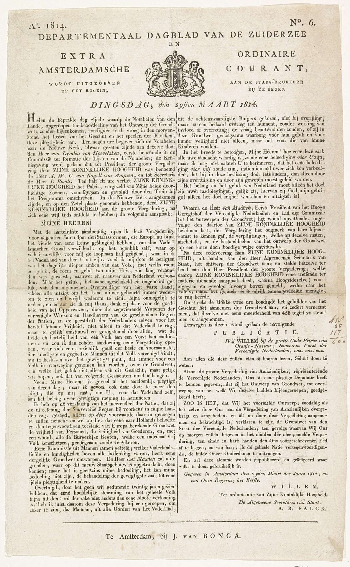 Departementaal Dagblad van de Zuiderzee. Extra Ordinaire Amsterdamsche Courant. Ao 1814 / No. 6 / 29 maart 1814 by Stadsdrukkerij