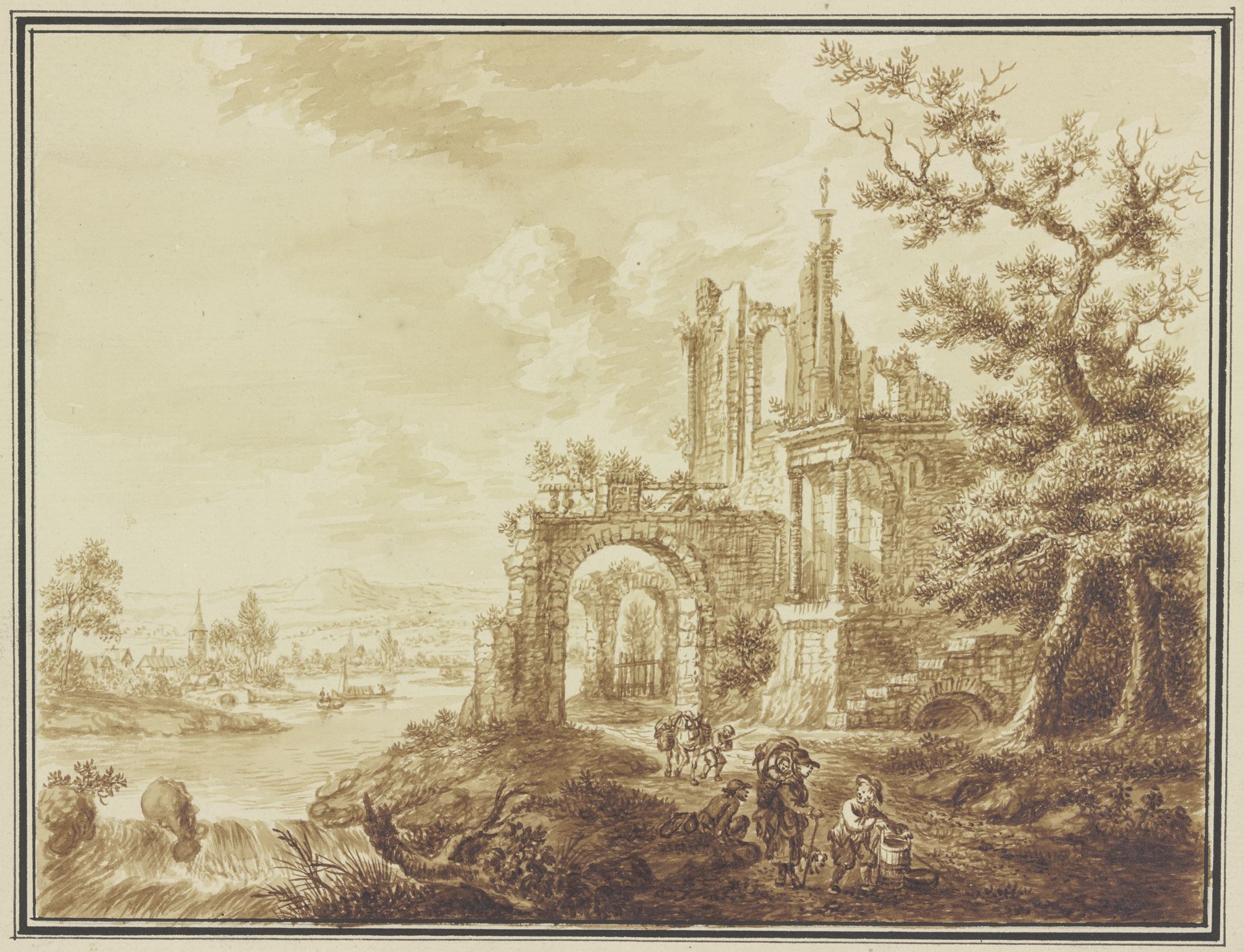 Rechts neben einem Baum eine Ruine, durch die ein Weg führt, mit Bauern und einem Lasttier, links Ausblick auf eine Flußlandschaft by Franz Hochecker