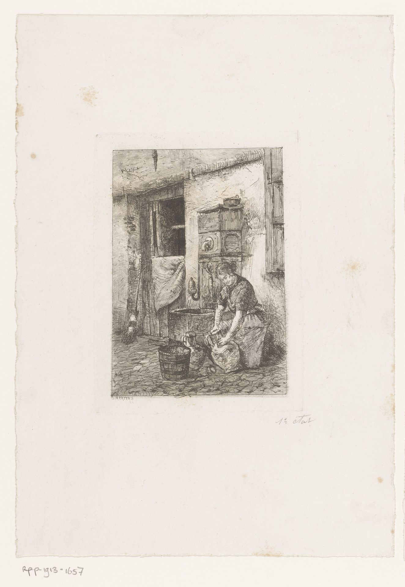 Vrouw met kruiken bij een waterpomp by Charles Mertens