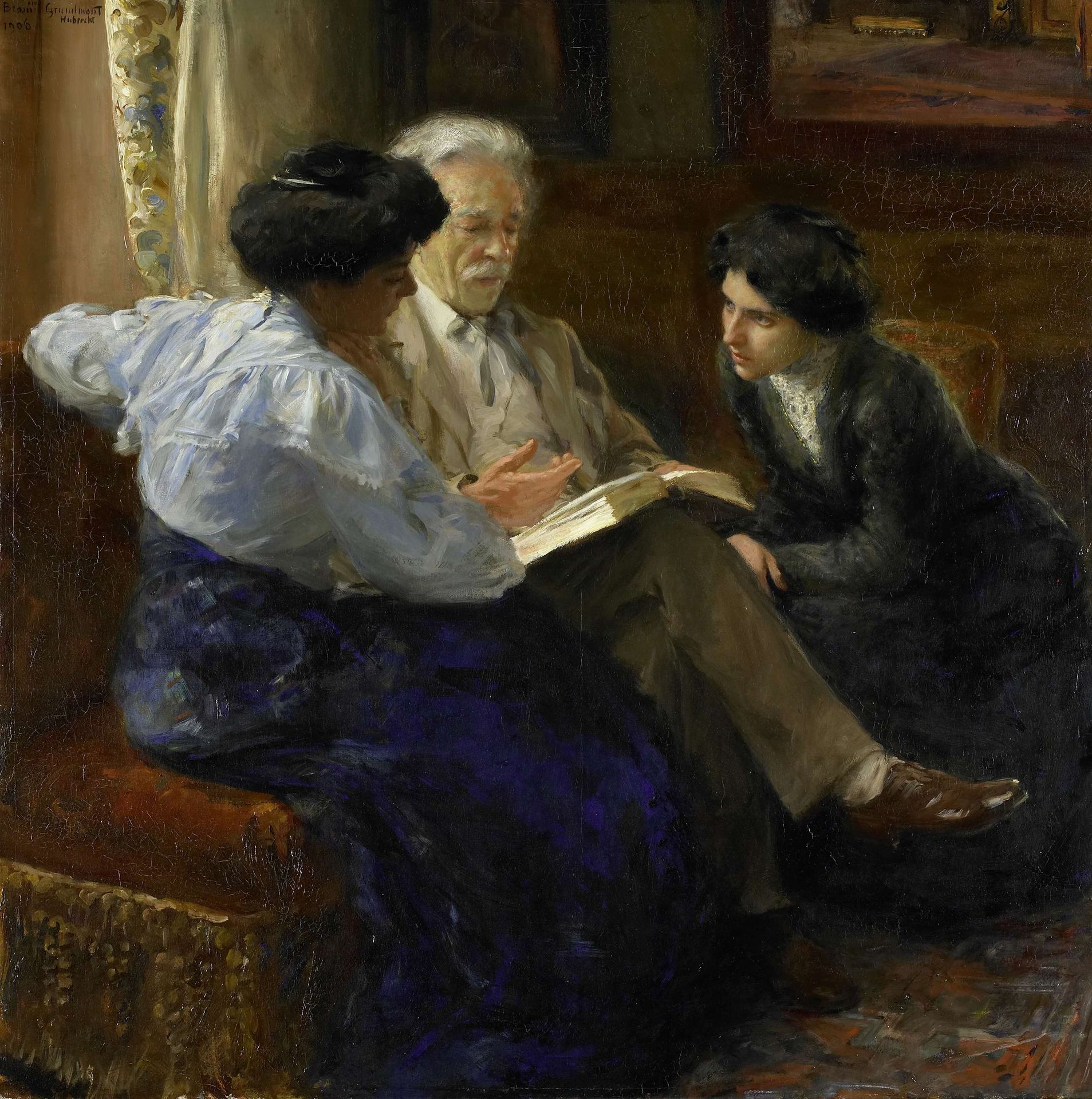 Alphons Marie Antoine Joseph Grandmont (1837-1909), the Artist's second husband, Tutoring two Italian Girls by Bramine Hubrecht