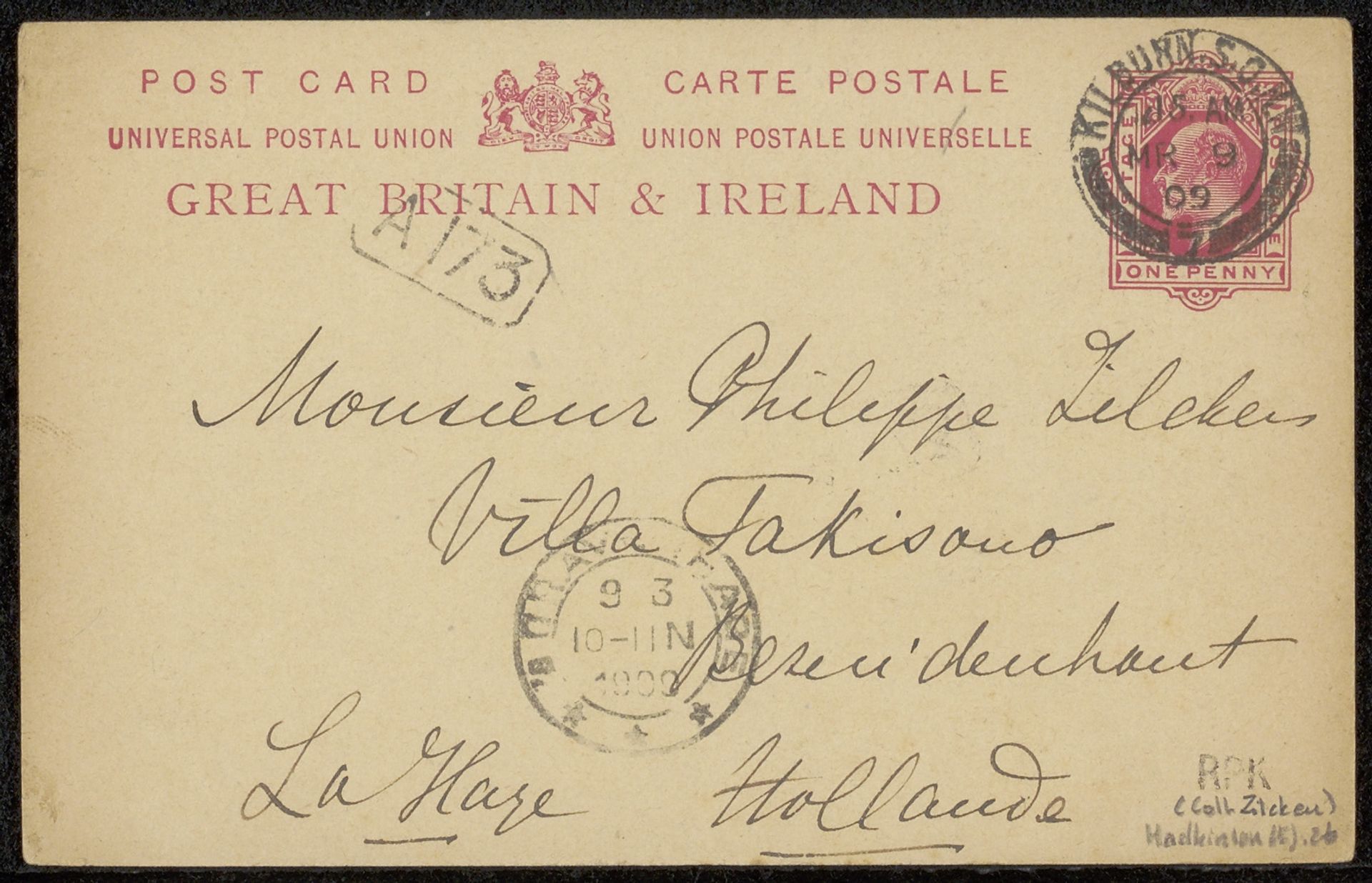 Briefkaart aan Philip Zilcken by Ernestine Hadkinson