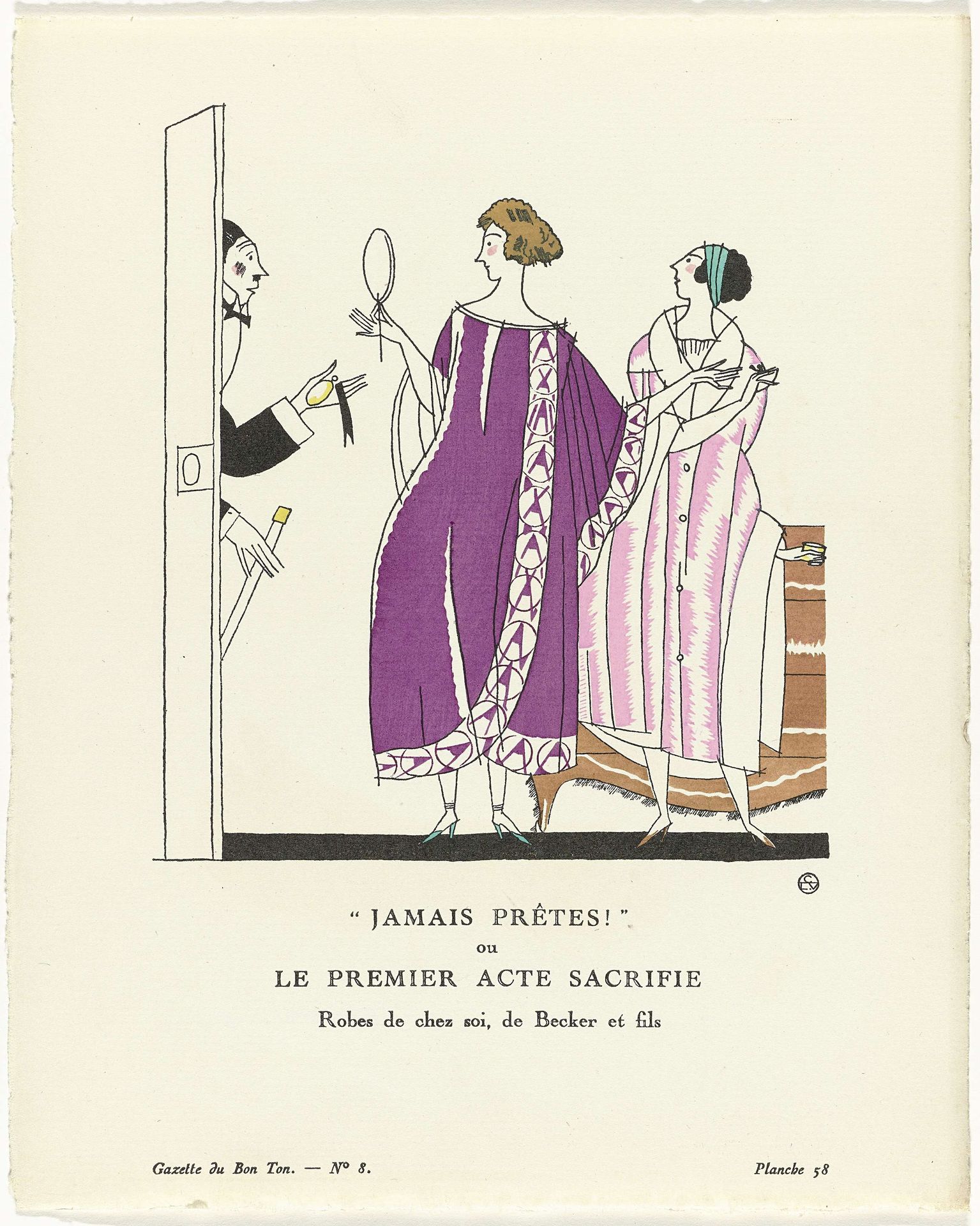 Gazette du Bon Ton, 1920 - No. 8, Pl. 58: "Jamais prêtes!" / ou / Le premier acte sacrifie / Robes de chez soi, de Becker et fils by Charles Martin