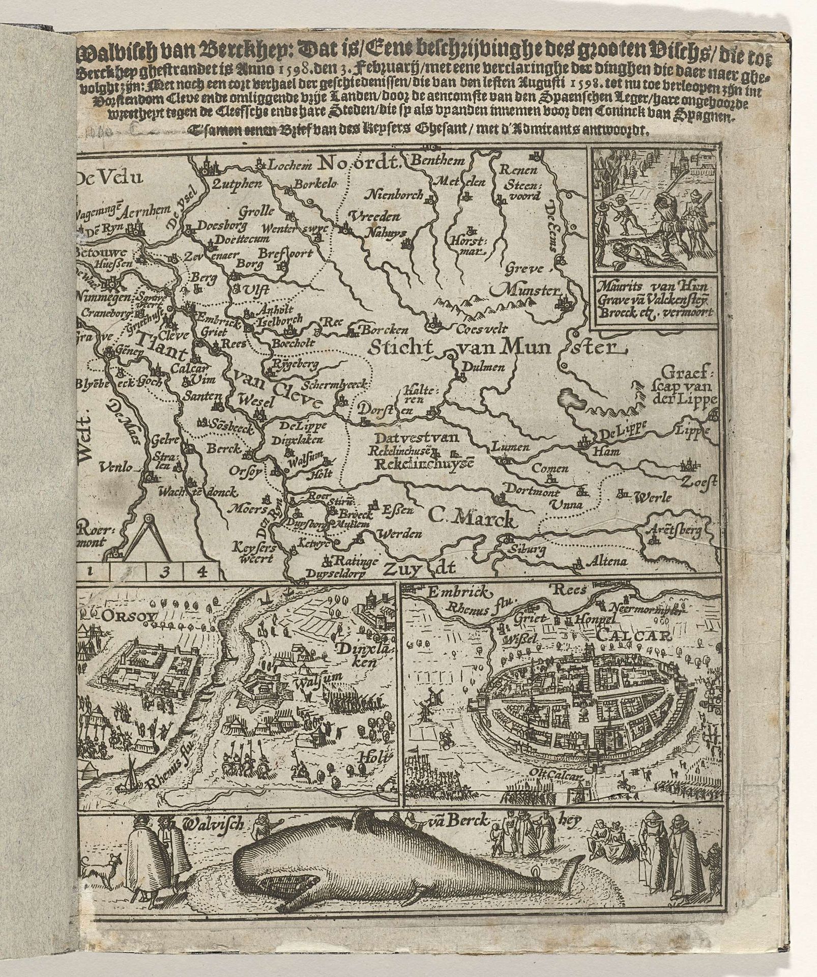 Titelpagina van het pamflet: Walvisch van Berckhey (...) ghestrandet is Anno 1598. den 3 Februarij, 1599 by Anonymous
