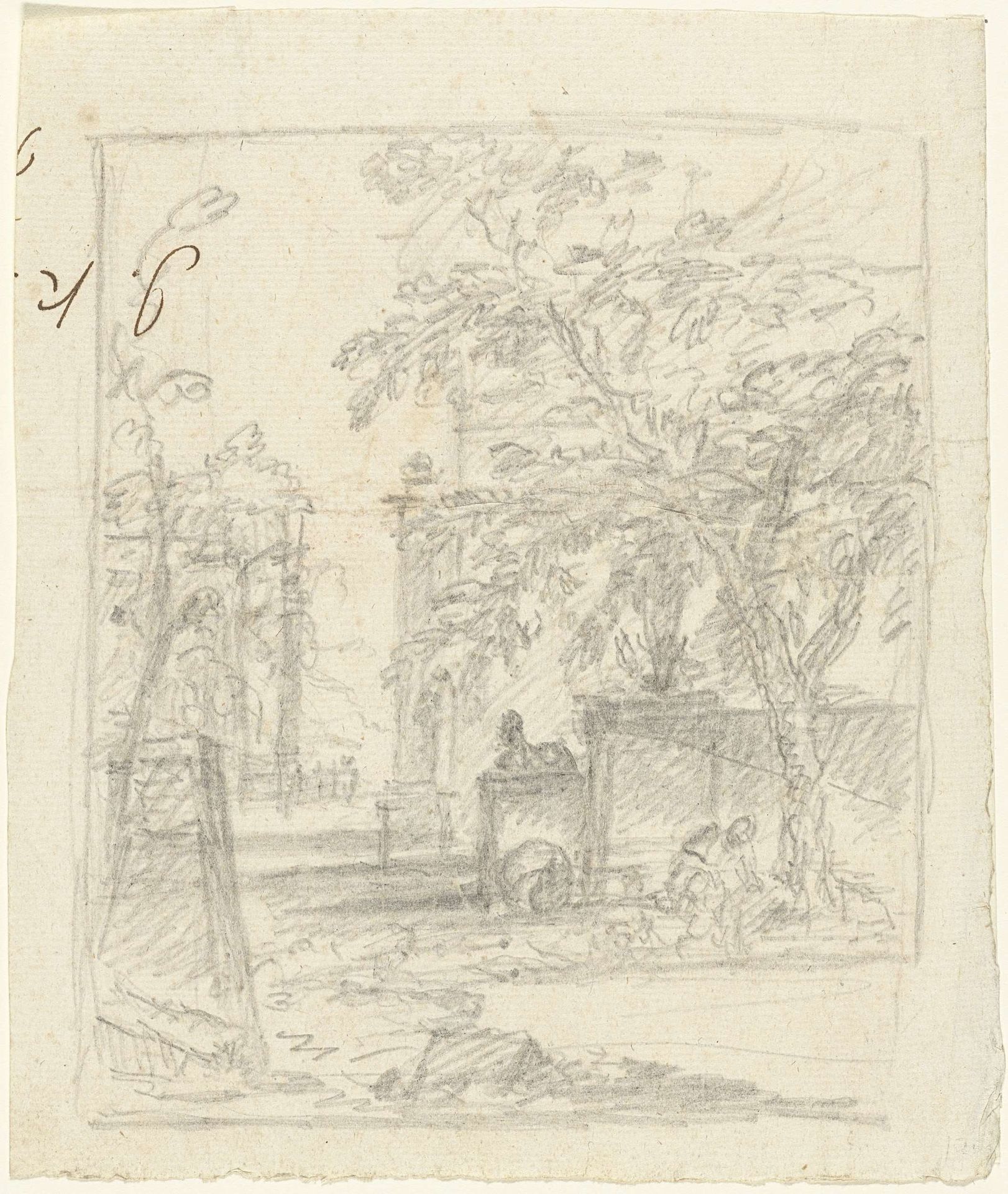 Schets van een tuin met obelisk en persoon bij vijver by Dionys van Nijmegen
