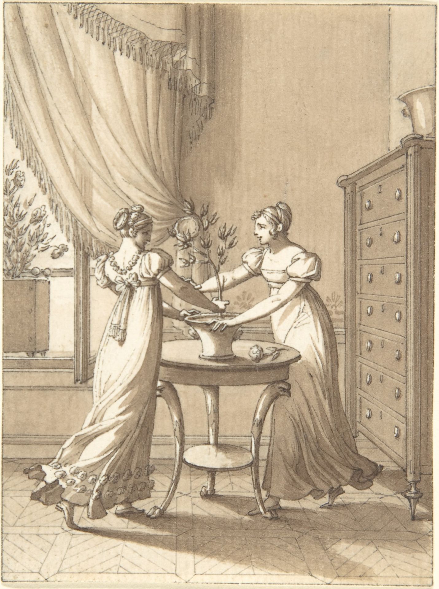 Design for a Book Illustration: Two Women Dancing around a Plant by Anonymous