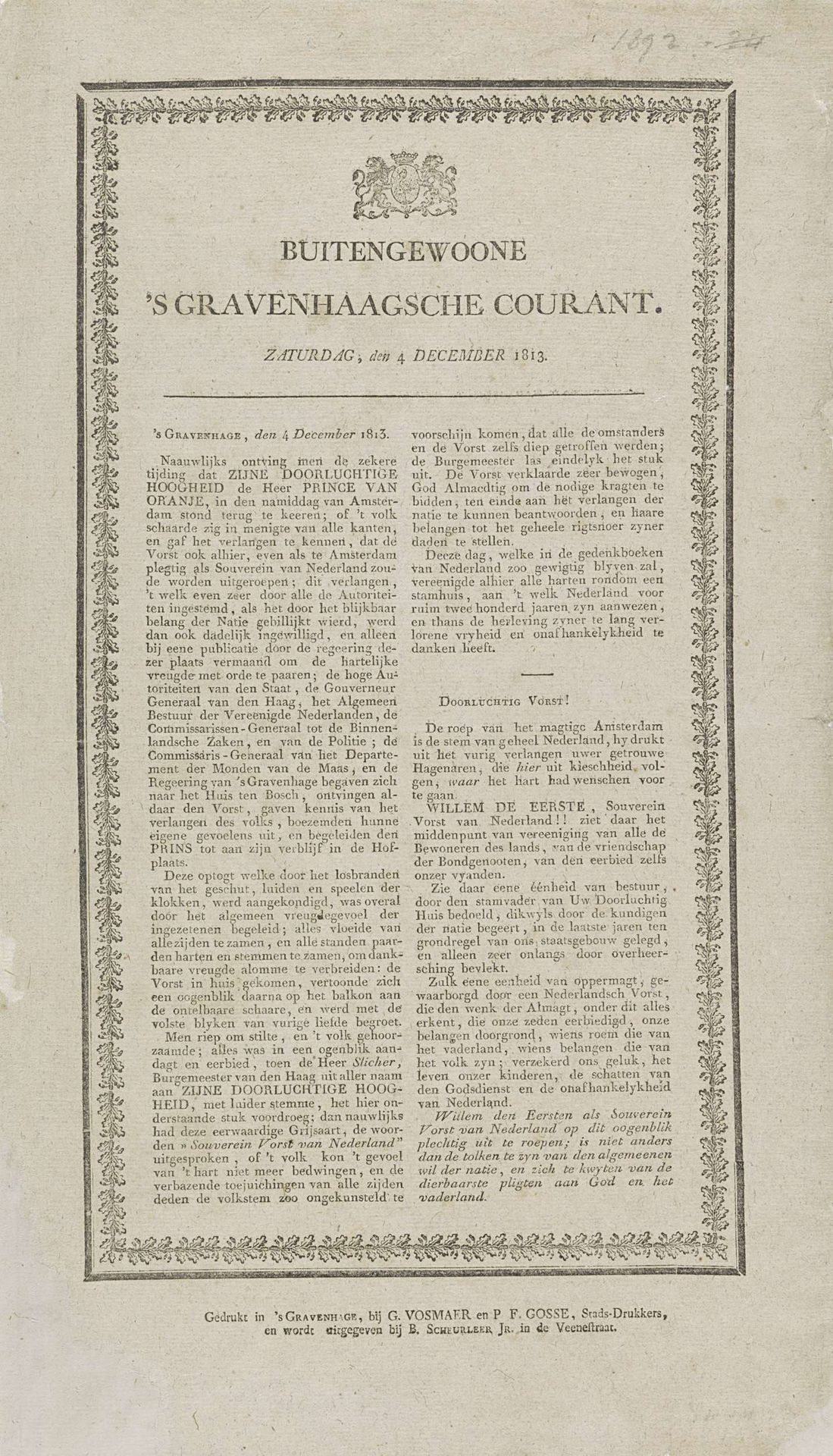 Buitengewoone 's Gravenhaagsche Courant van 4 december 1813 by Gualtherus Vosmaer