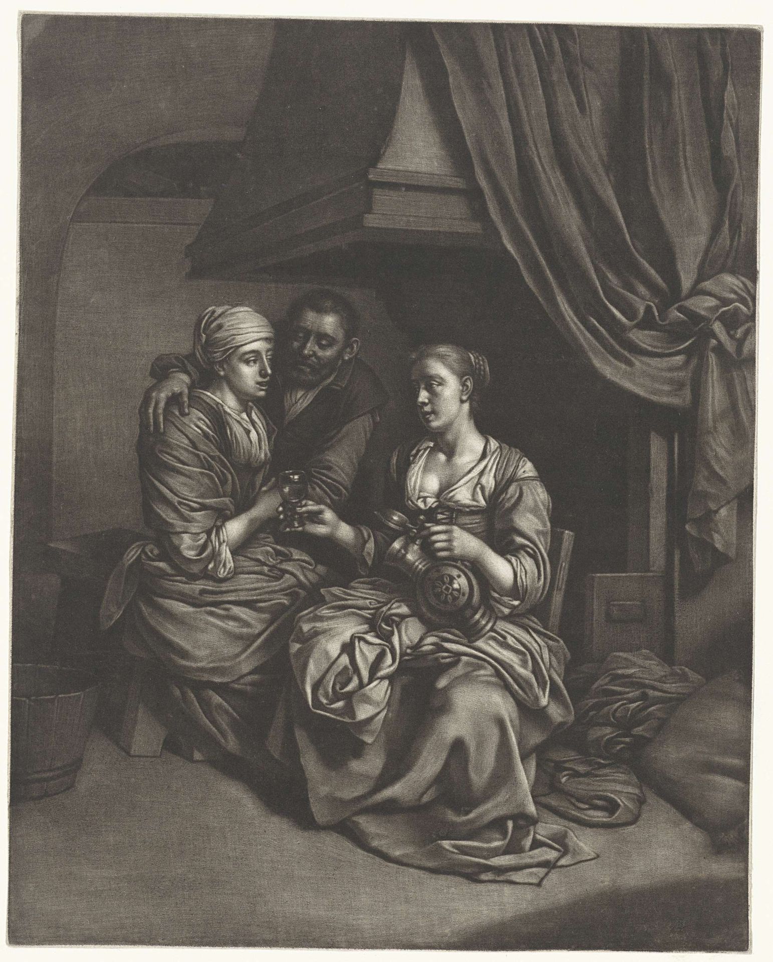 Vrouwen en een man bij de haard by Wallerant Vaillant