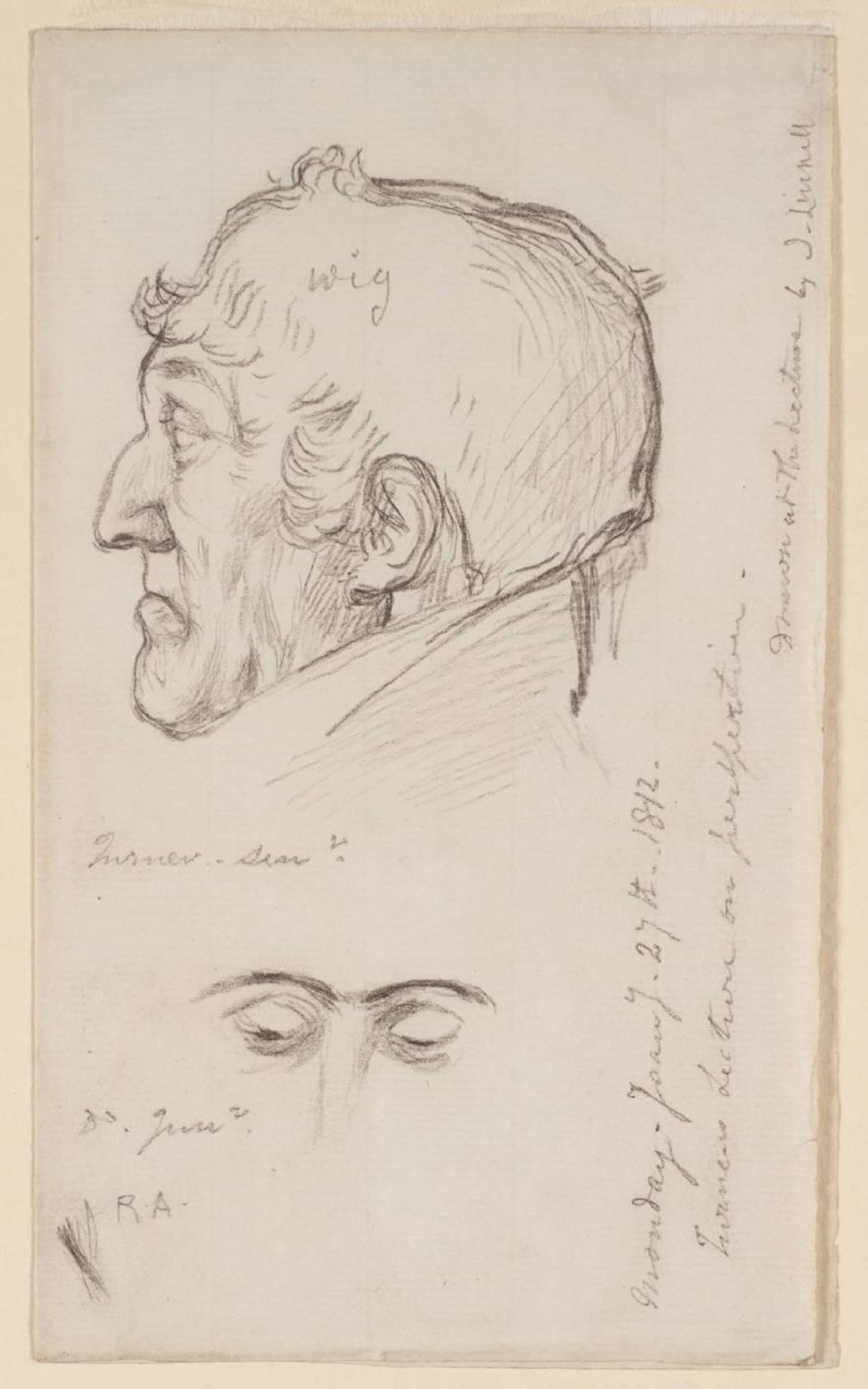 Portrait Study of J.M.W. Turner’s Father, with a Sketch of Turner’s Eyes, Made during a Lecture by John Linnell