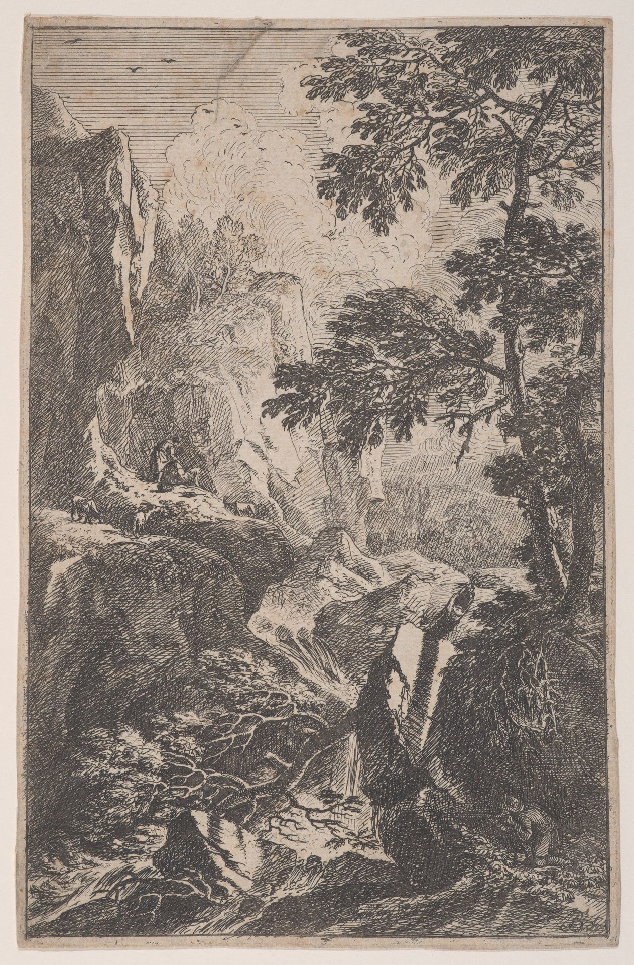 Plate 2: a hunter aiming with his gun, kneeling next to a large rock at right, a male figure with three chamois on a rock at left, from 'Landscapes in the manner of Salvator Rosa' (Die Landschaften in Sal. Rosa's) by Franz Joachim Beich