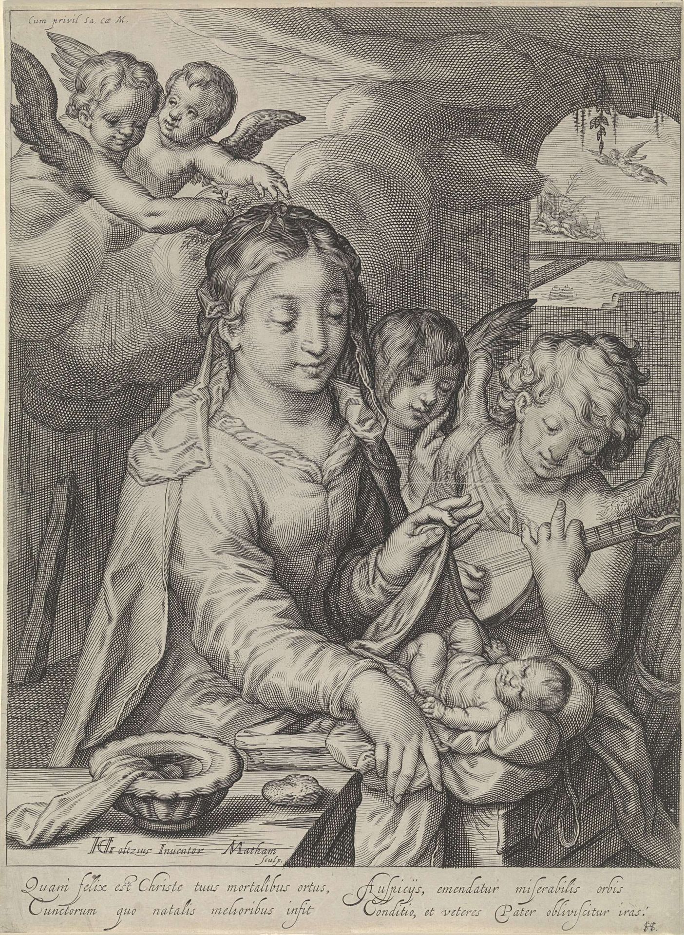Maria met Kind en engelen by Jacob Matham