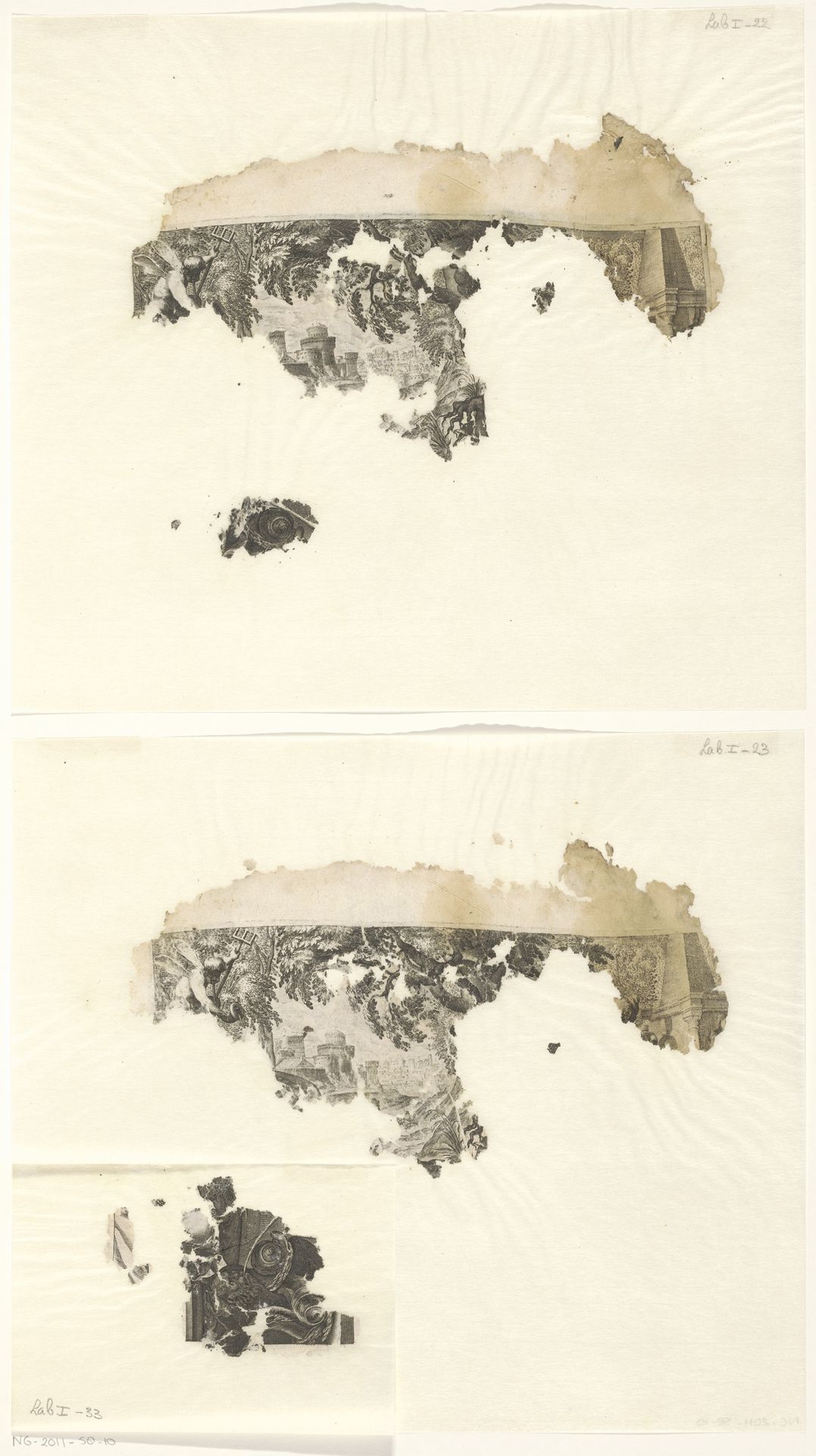 Losse fragmenten van prenten van Pyramus en Thisbe by Anonymous