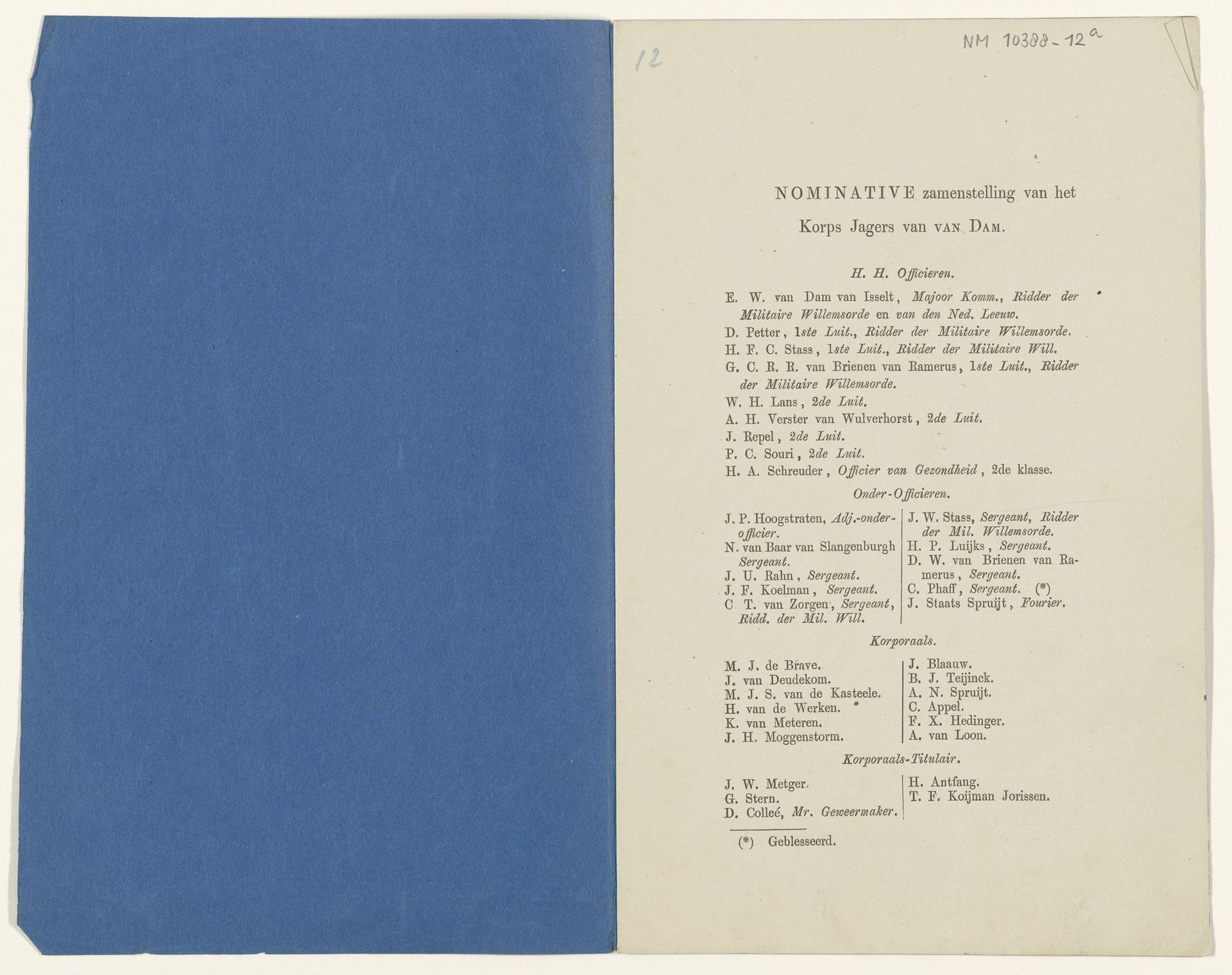 Nominatieve zamenstelling van het Korps Jagers van VAN DAM by A. van (19e eeuw) Loon