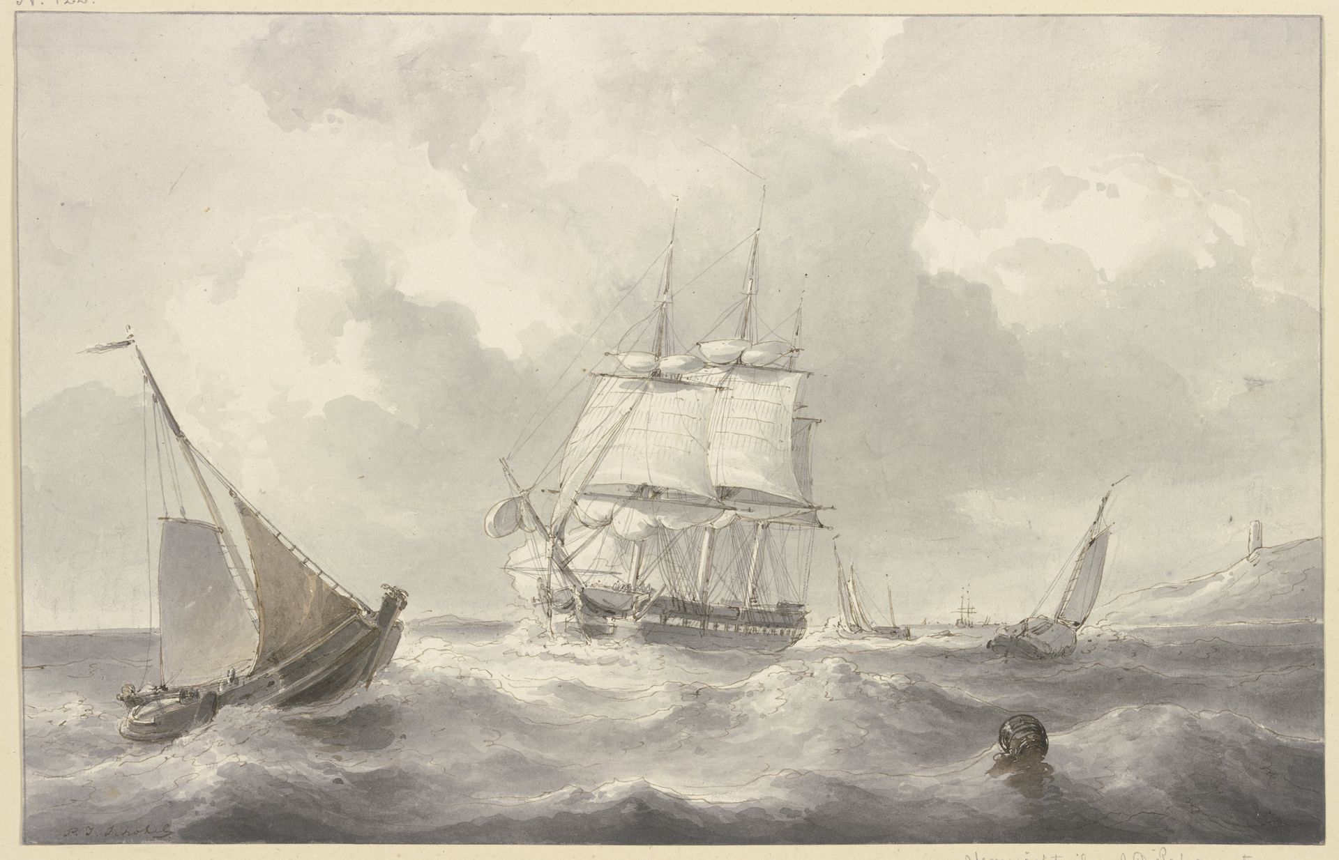 Bark in rough sea by Petrus Johannes Schotel