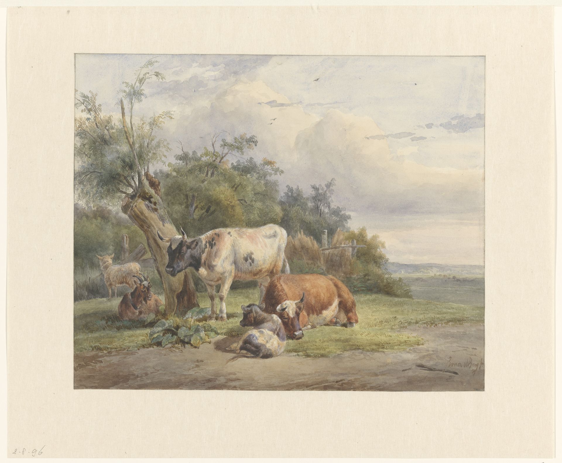 Landschap met vee bij een boom by Simon van den Berg