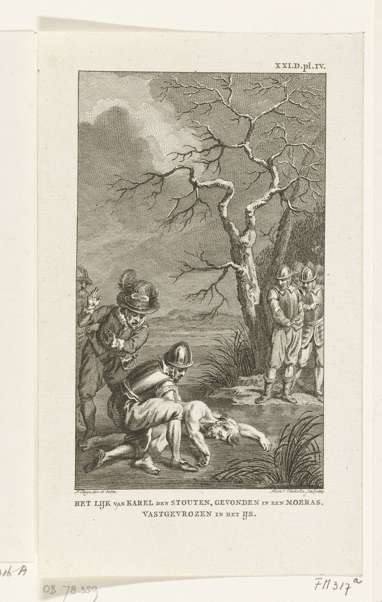 Het lijk van Karel de Stoute, gevonden in een moeras, vastgevroren in het ijs, 1477 by Reinier Vinkeles