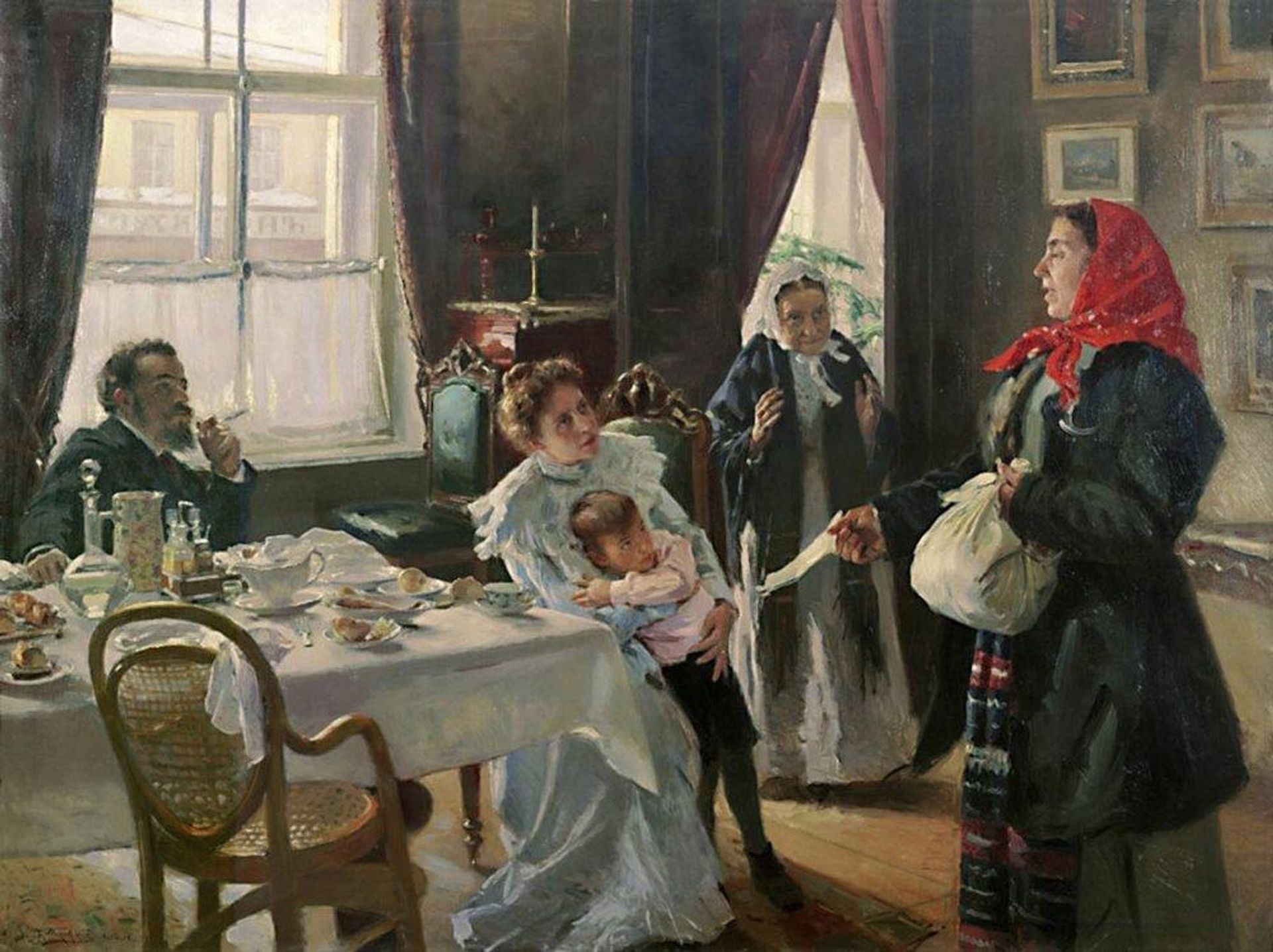 Two mothers. Native mother and stepmother. by Vladimir Makovsky