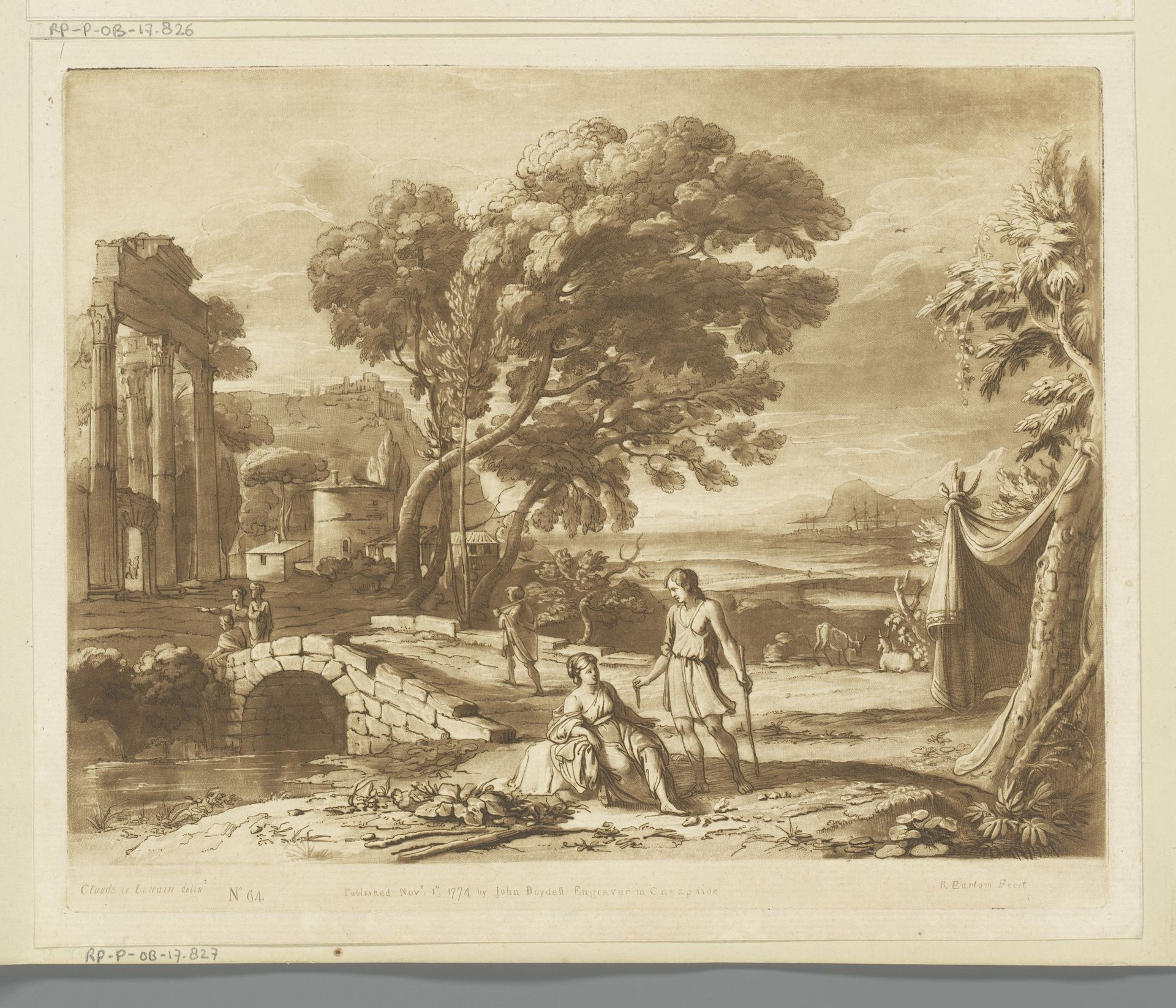 Kustlandschap met herder, herderin en ruïne by Richard Earlom