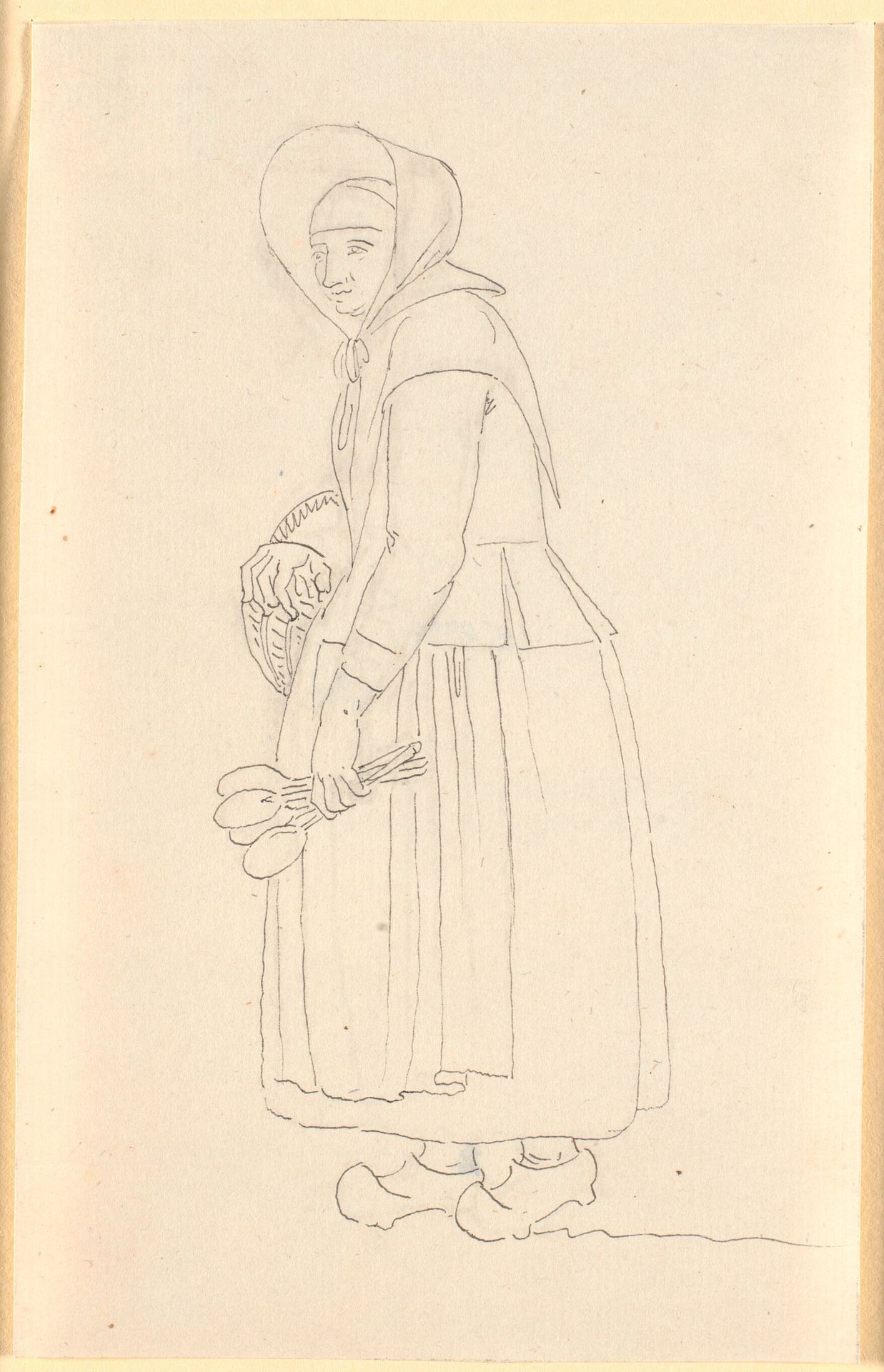 En kone med en kurv i den ene hånd og i den anden et bundt sleve by Nicolai Abildgaard