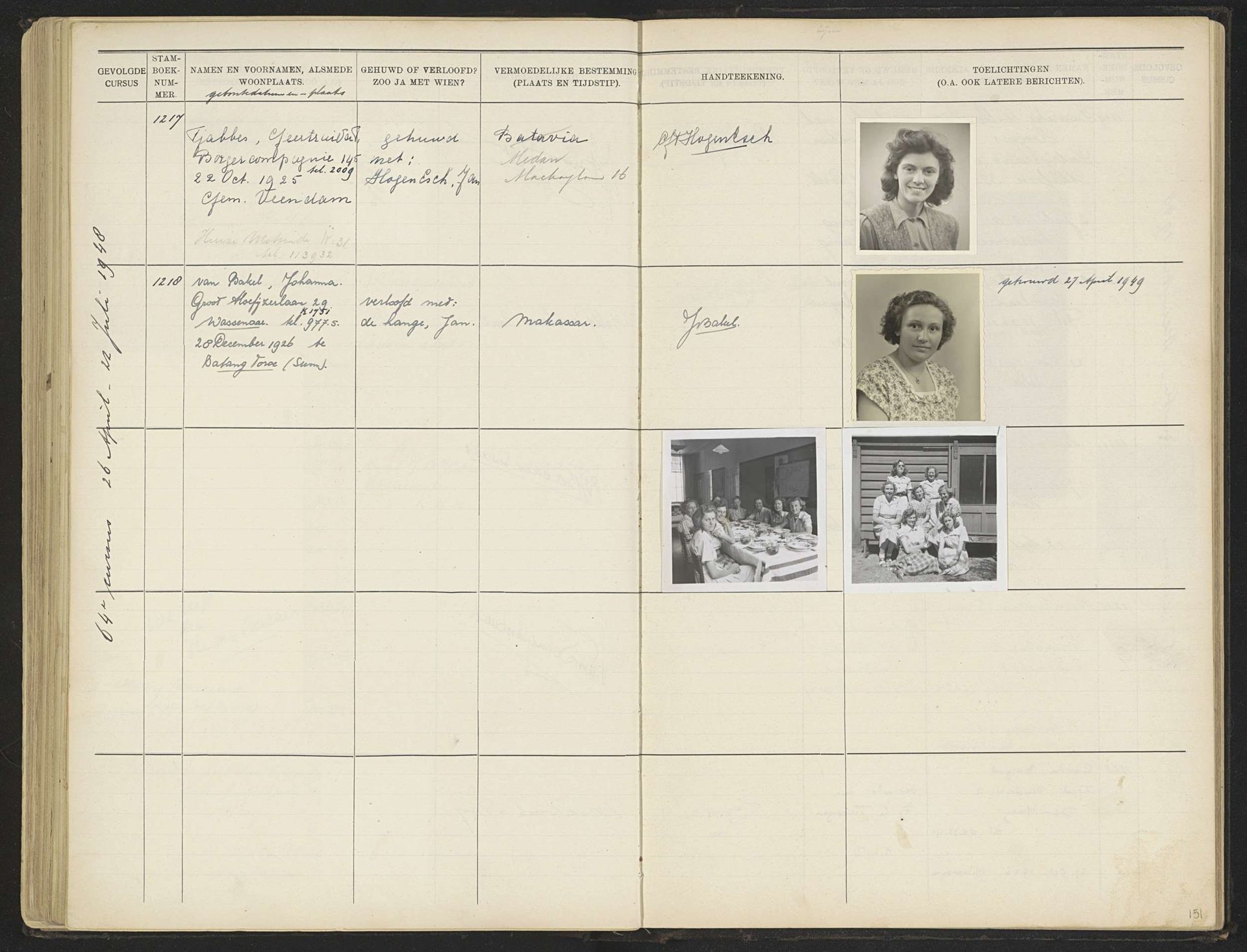 Blad 151 uit Stamboek van de leerlingen der Koloniale School voor Meisjes en Vrouwen te 's-Gravenhage deel II (1930-1949) by Anonymous