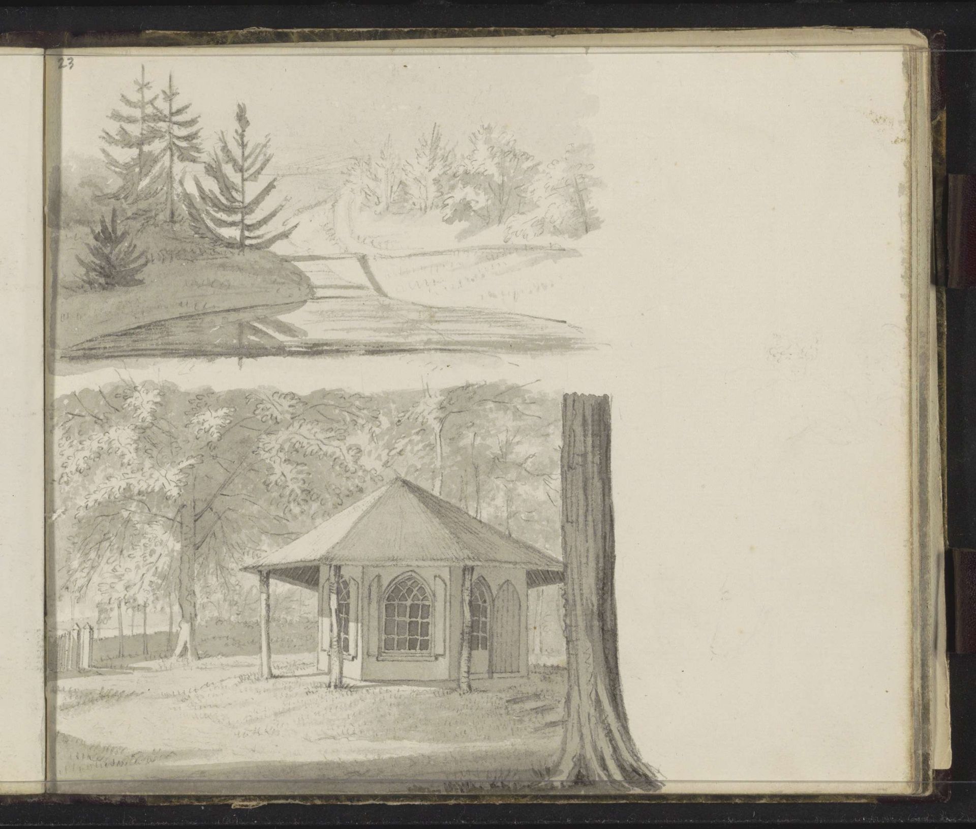 Tuinkoepel en een landschap met naaldbomen by Hendrik Abraham Klinkhamer
