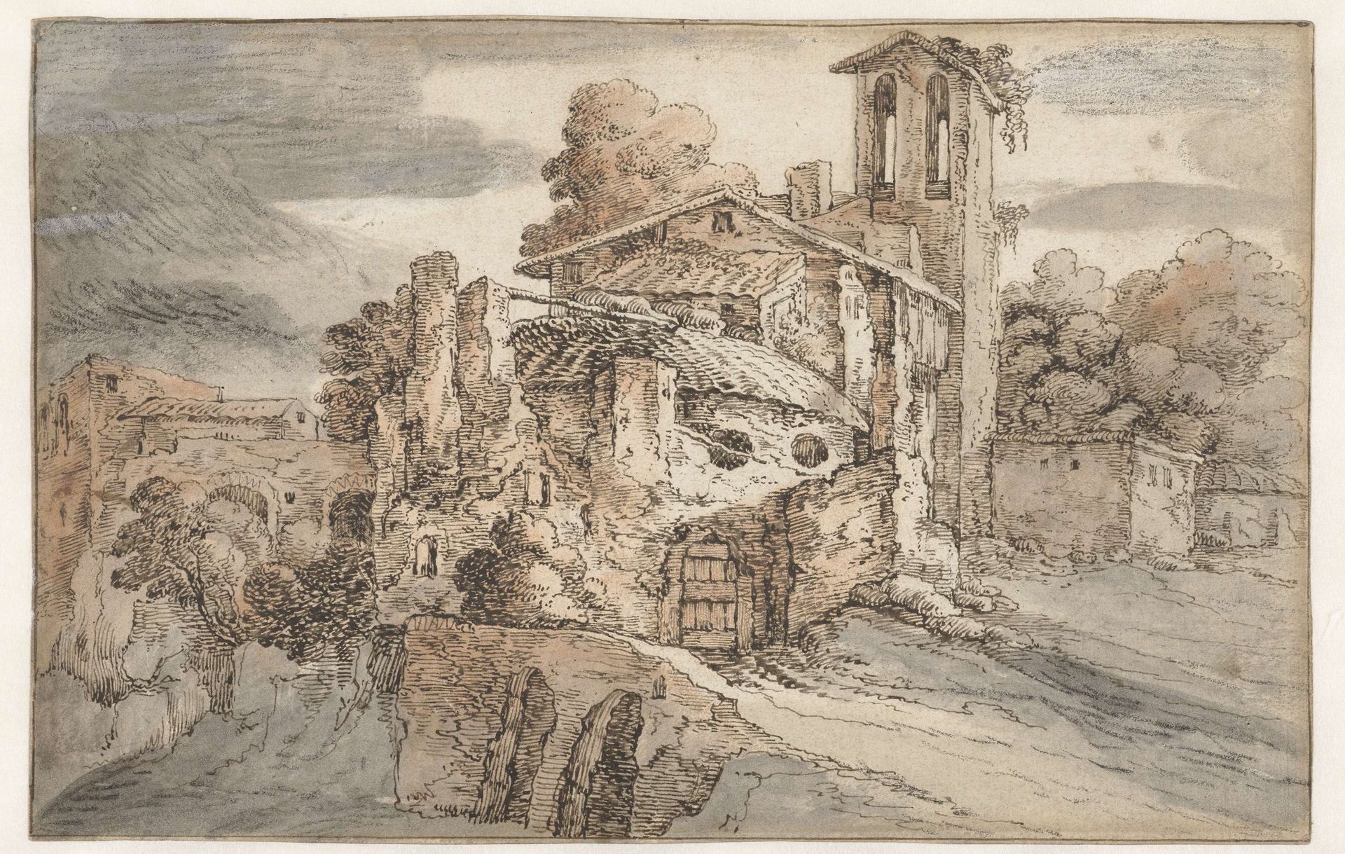 Kerk en antieke ruïnes in Italië by Leonaert Bramer