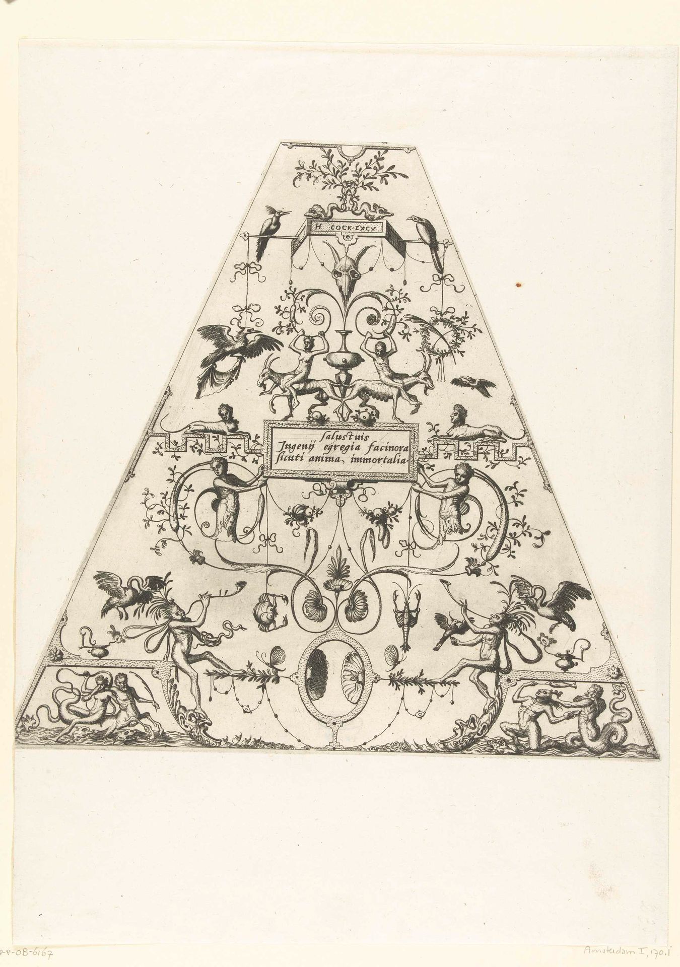 Trapeziumvormige vlakdecoratie, met een citaat van Sallustius by Johannes of Lucas van Doetechum