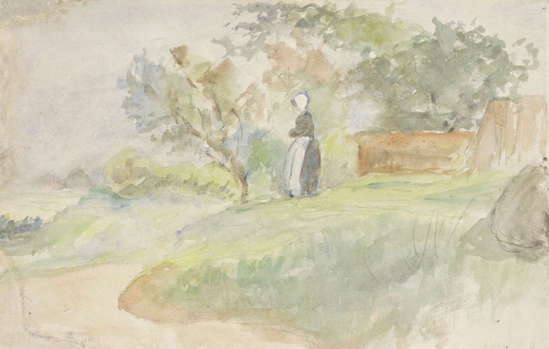 Staande vrouw in een landschap by Jozef Israëls