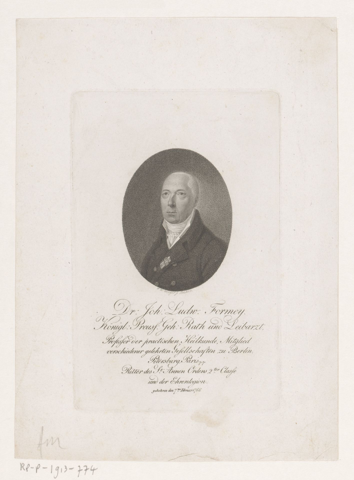 Portret van Johann Ludwig Formey by Friedrich Wilhelm (I) Meyer
