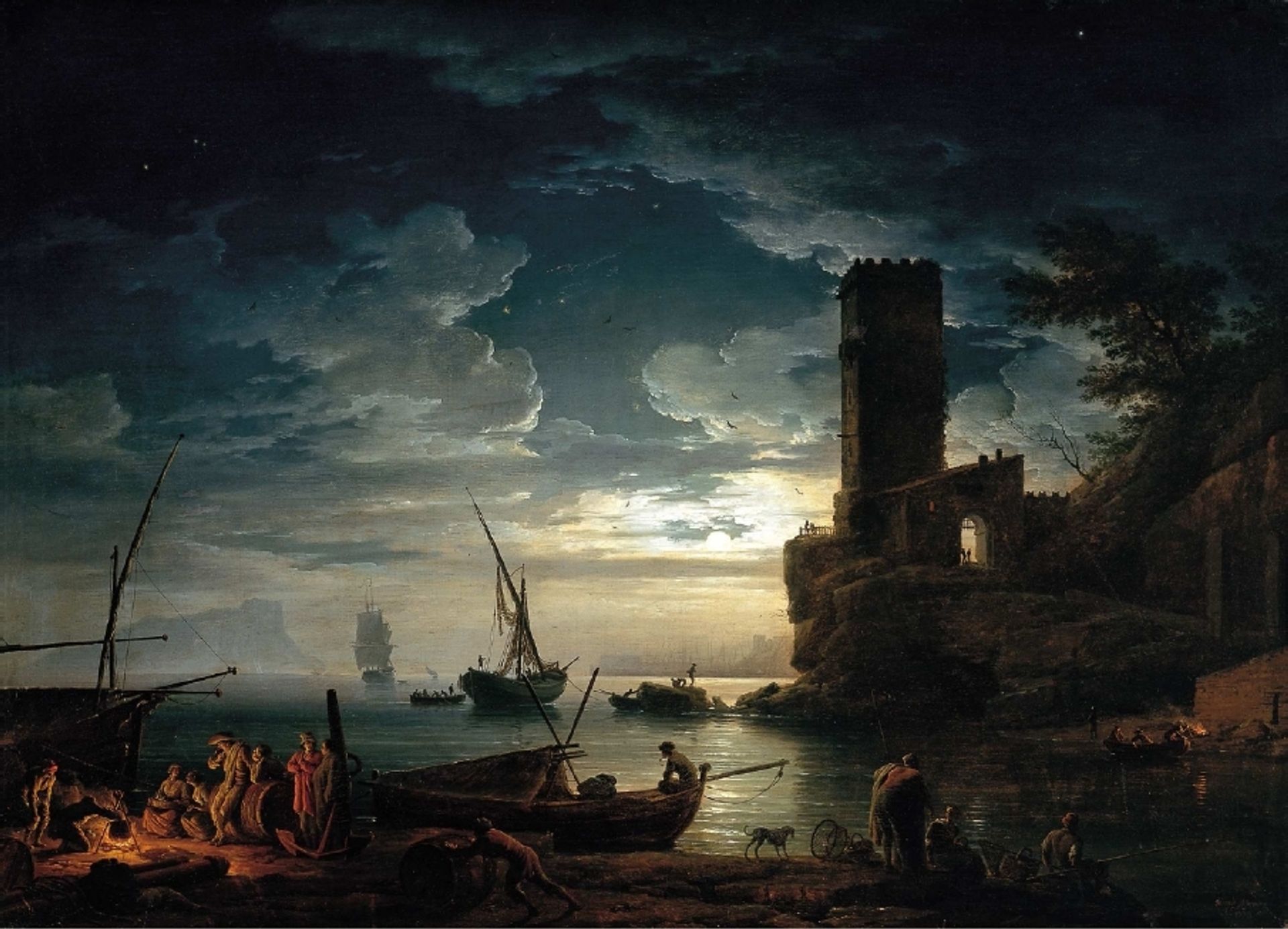 Nuit - Scène de côte méditerranéenne avec des pêcheurs et des bateaux by Claude-Joseph Vernet