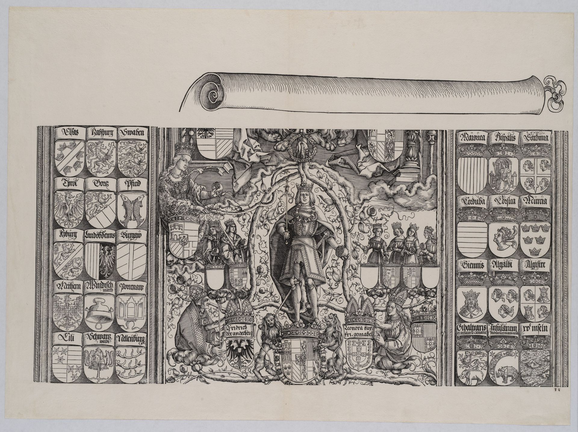 The Upper Portion of the Genealogy of Maximilian; with the Right Edge of the Scroll for the Explanatory Text, from the Arch of Honor, proof, dated 1515, printed 1517–18 by Hans Springinklee