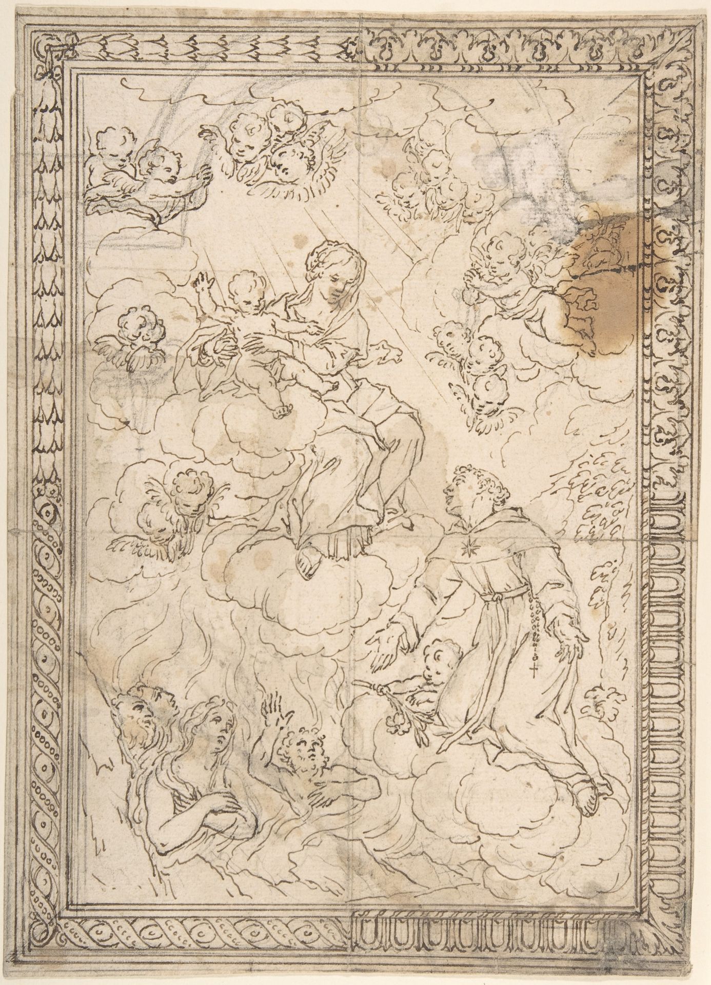 Kneeling Saint and Lost Souls before the Madonna and Child, with Four Alternate Border Designs by Anonymous