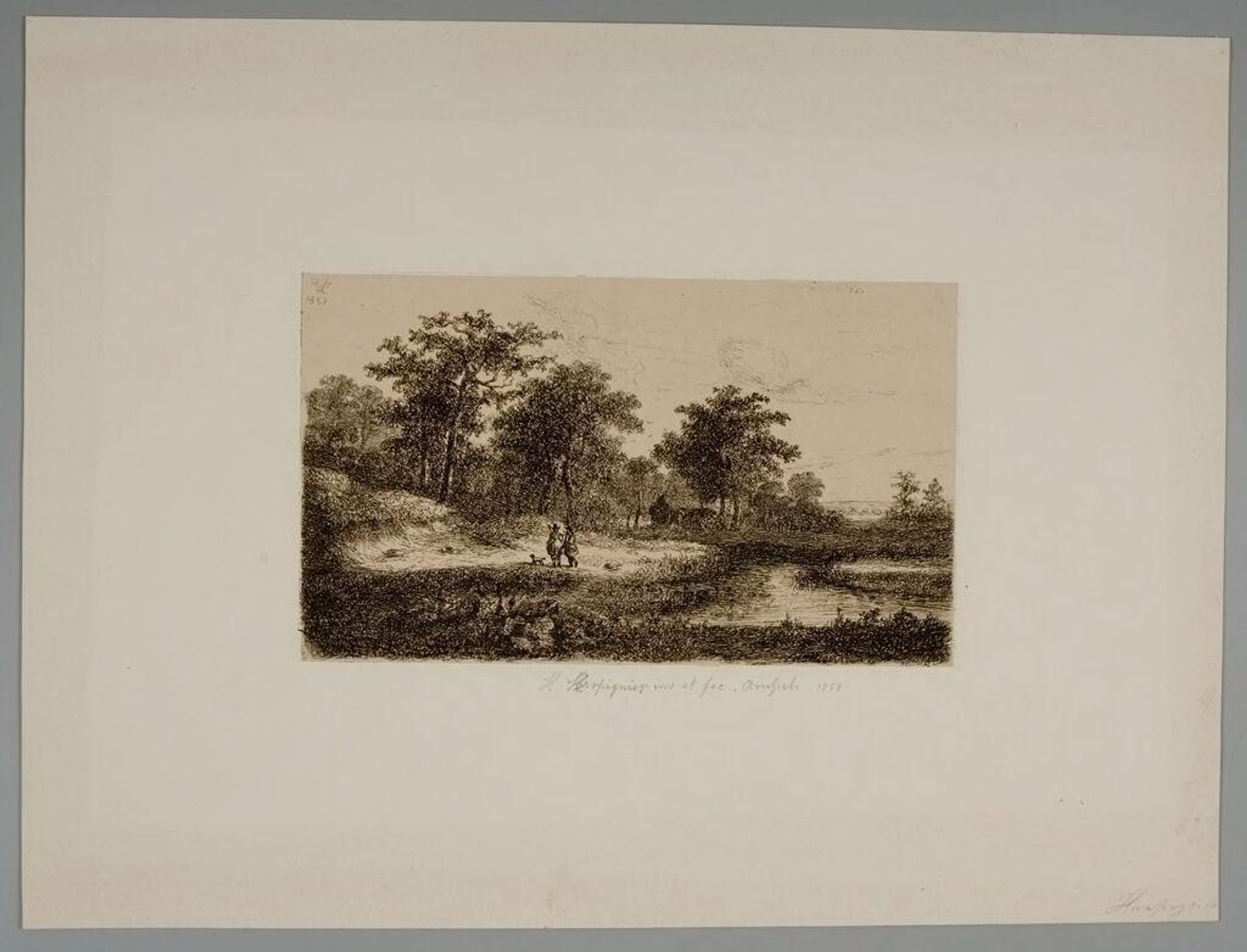 Landscape with Two Hunters and Dog by Henri-Joseph Harpignies
