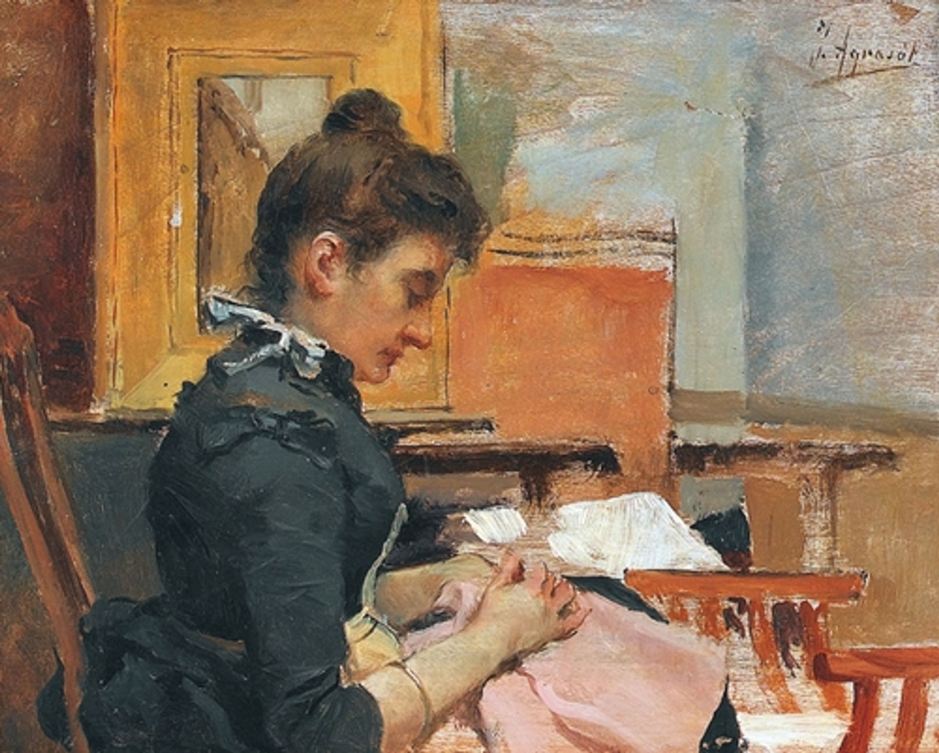 Interior with woman embroidering by Joaquín Agrasot