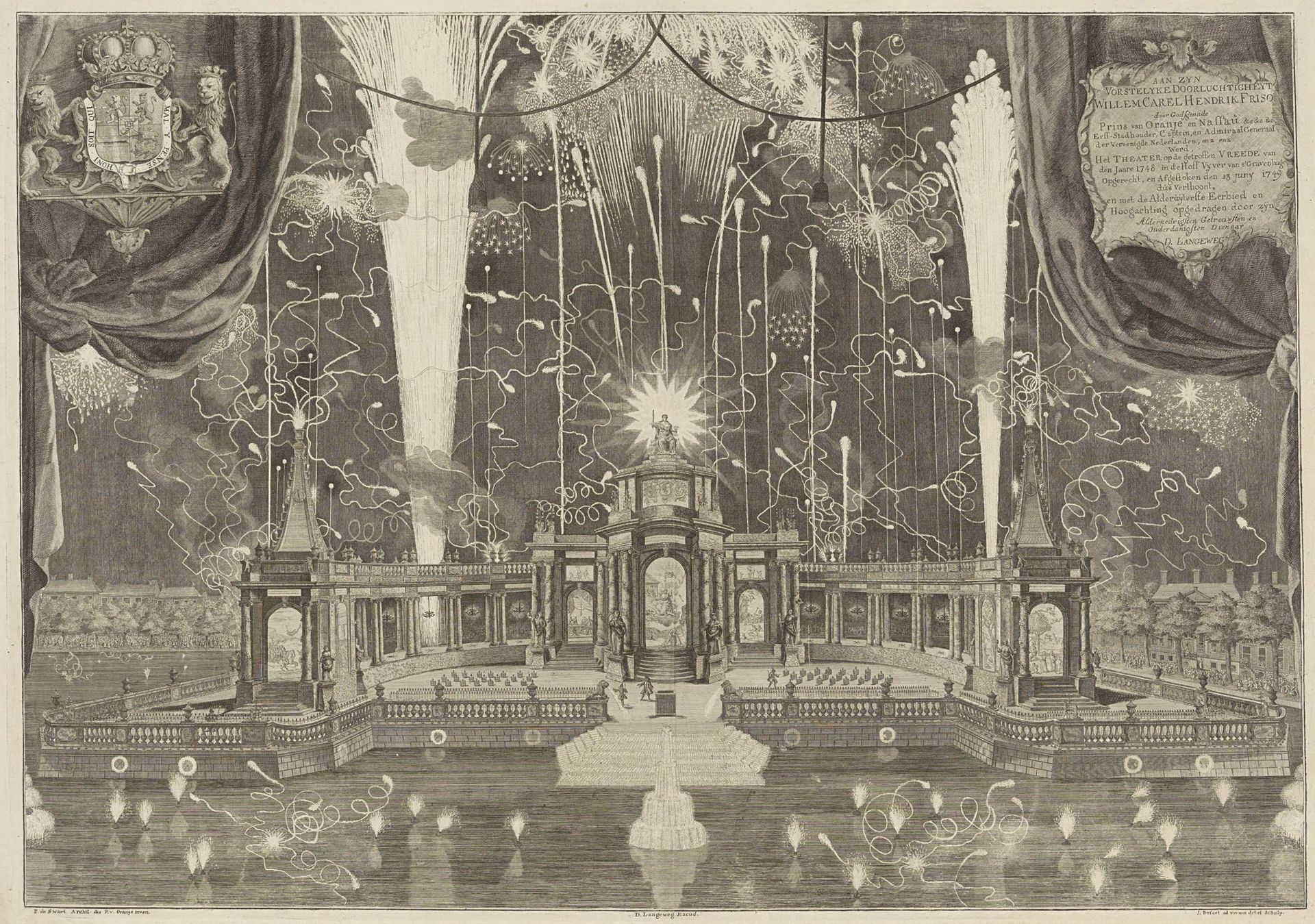 Vuurwerk ter ere van de Vrede van Aken bij het paviljoen op de Hofvijver te Den Haag in 1749 by Iven Besoet