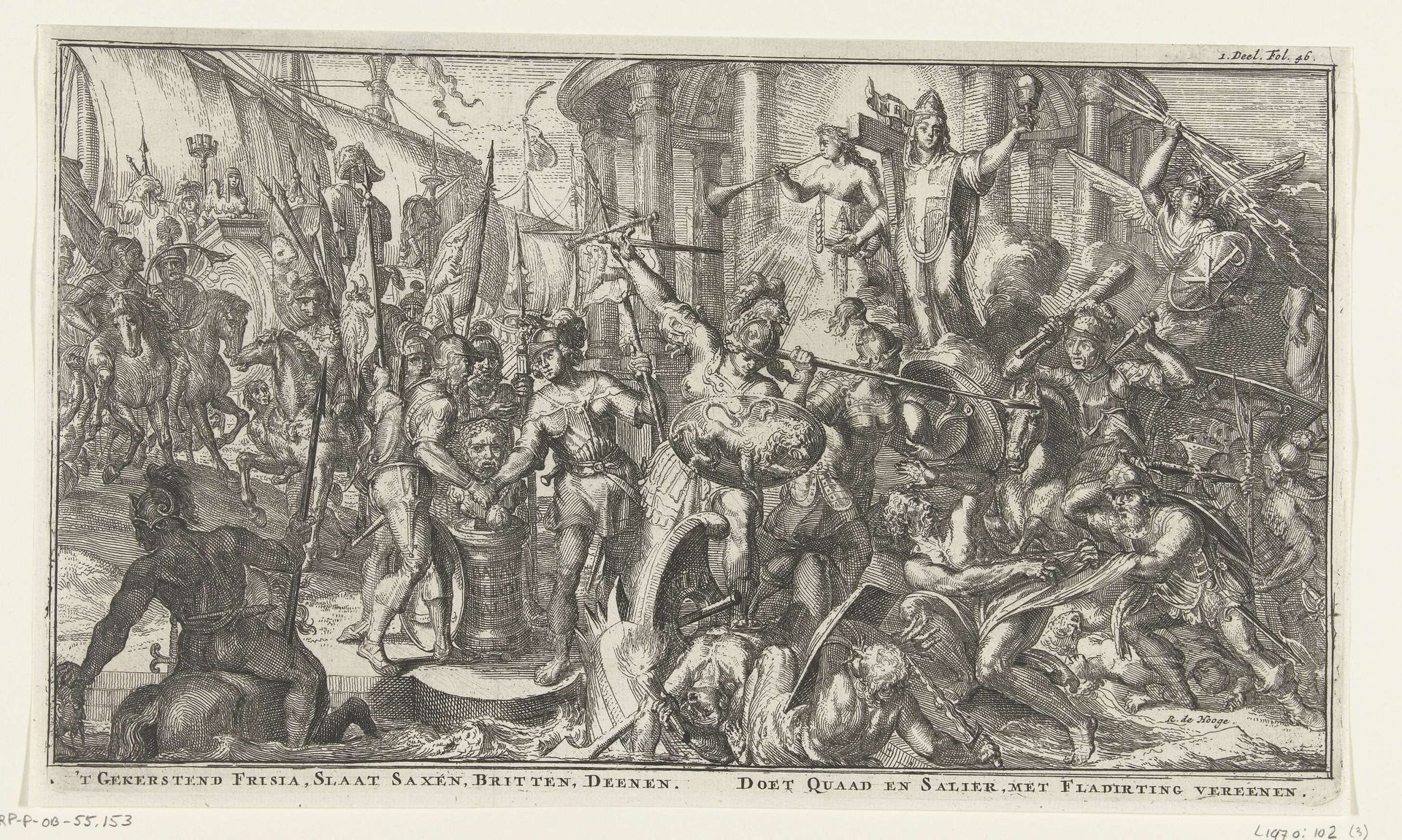 Allegorie rond de kerstening van Friesland en eendracht onder de Germanen by Romeyn de Hooghe