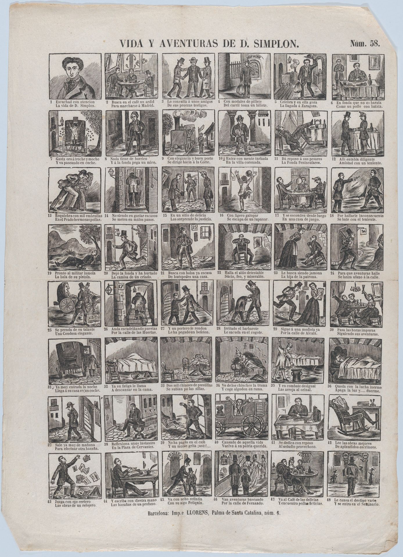 Broadside with 48 scenes depicting the life and adventures of Don Simplon by Juan Llorens