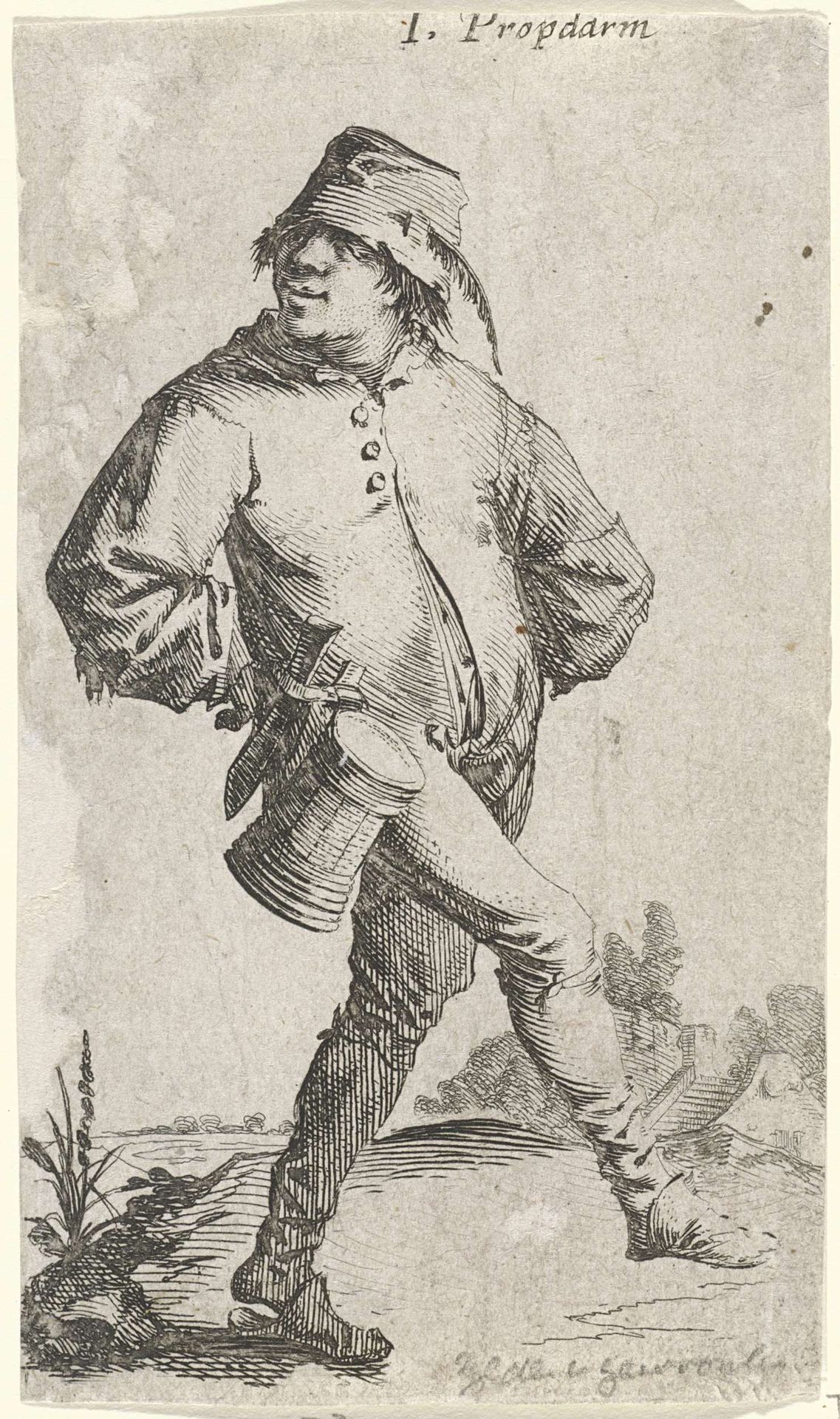 Dansende boer met kroes en mes by Salomon Savery
