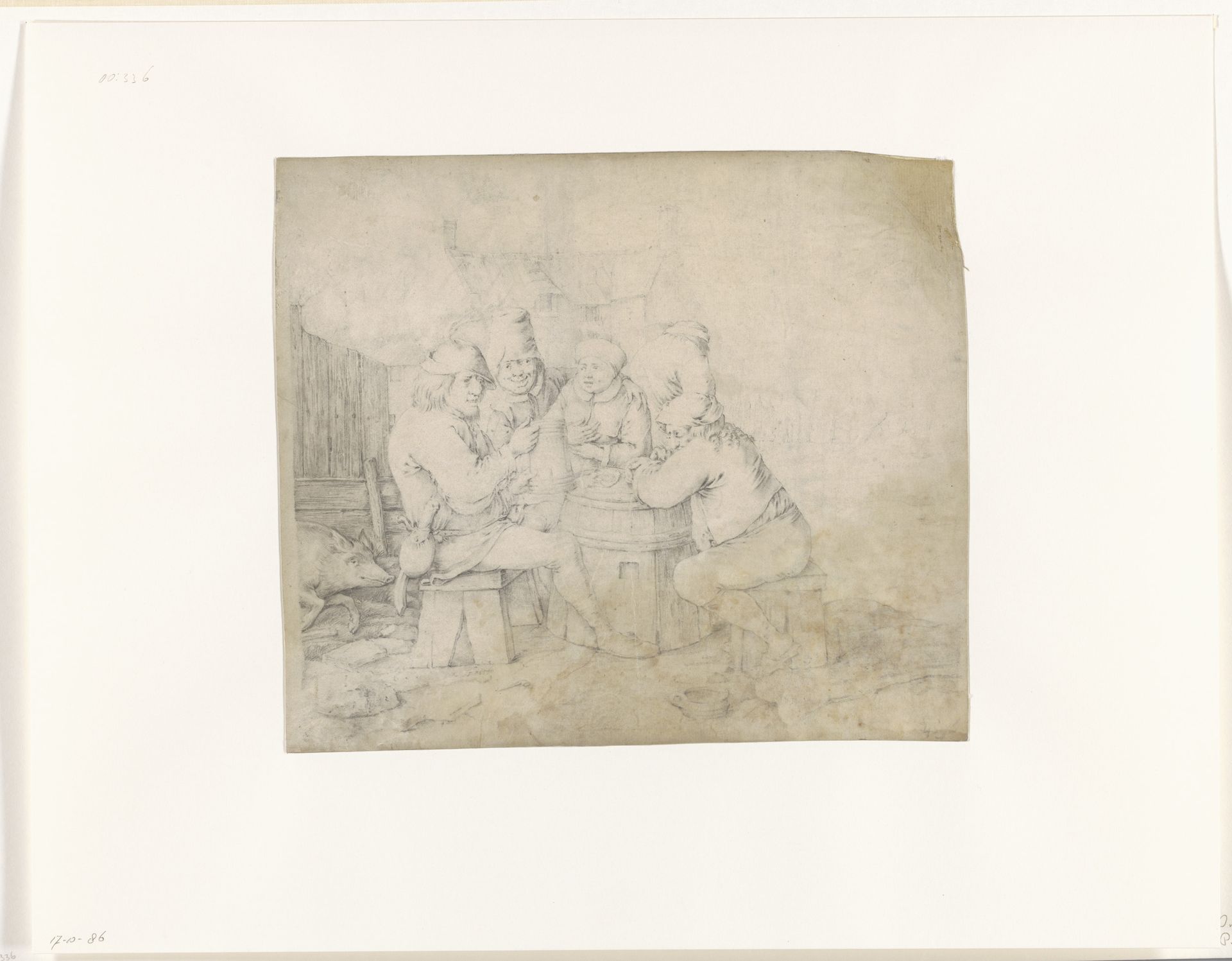 Gezelschap van boeren gezeten rond een ton by Cornelis Moninckx