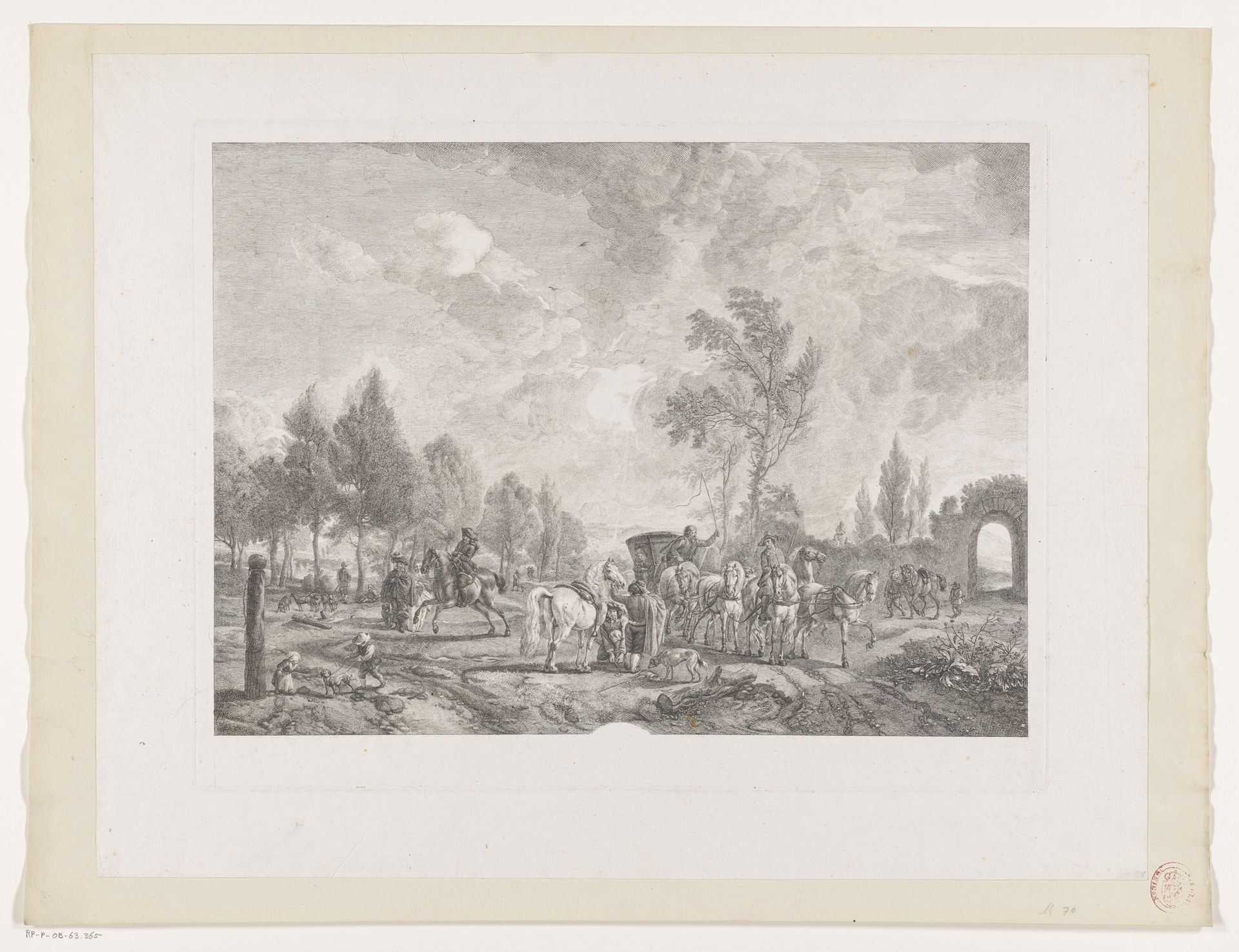 Ruiters en een koets met zes paarden in een landschap by Jean Moyreau