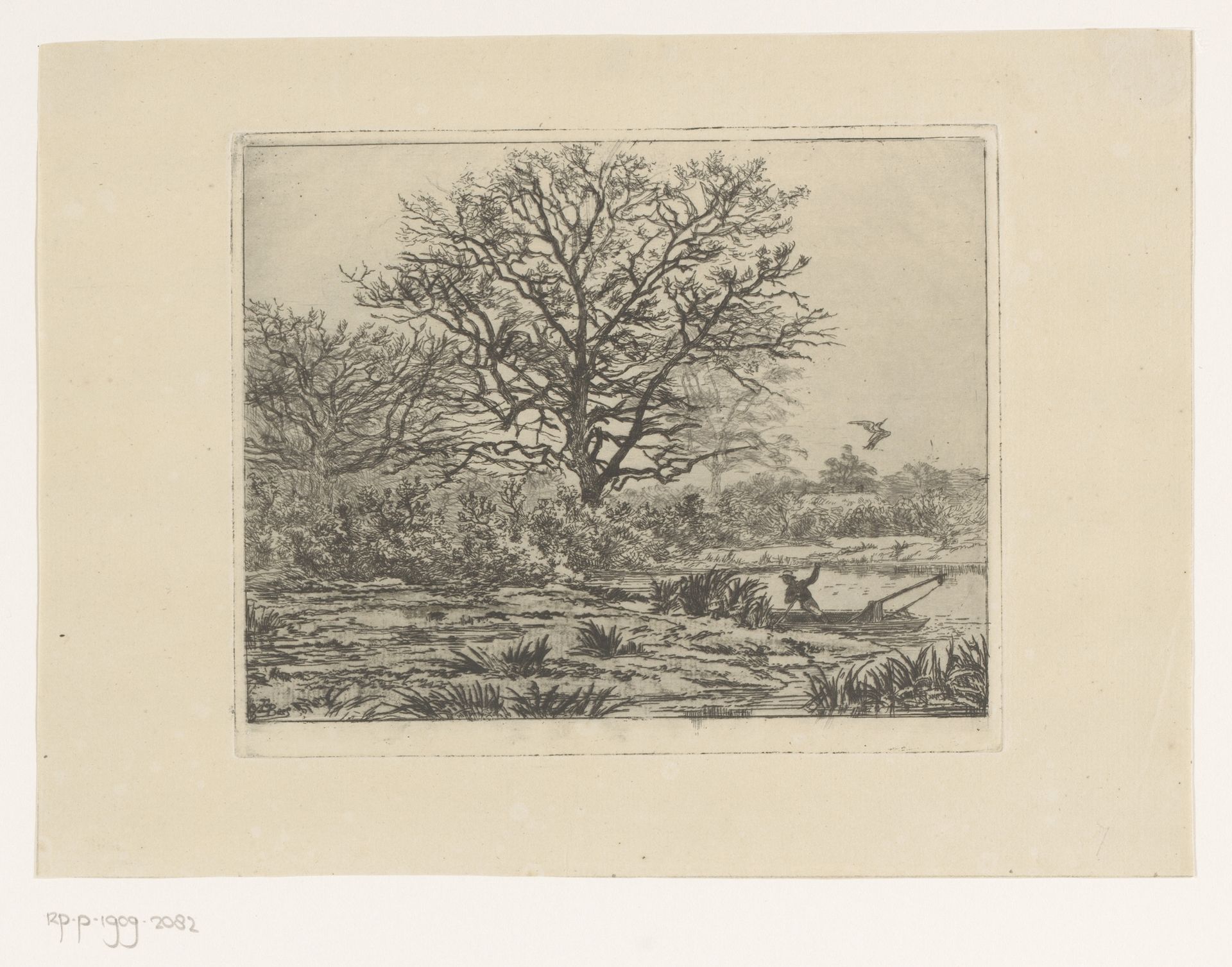 Boslandschap met een vijver met daarop een man in een kleine boot, daarboven een reiger die opvliegt by Edgar Alfred Baes