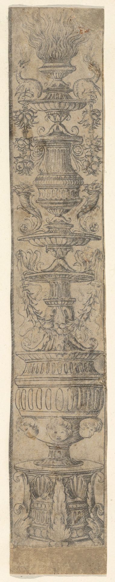 Decorative border panel with a flaming candelabra ornamented with shells, swags and heads of putti, from Life of the Virgin and Christ by Francesco Rosselli