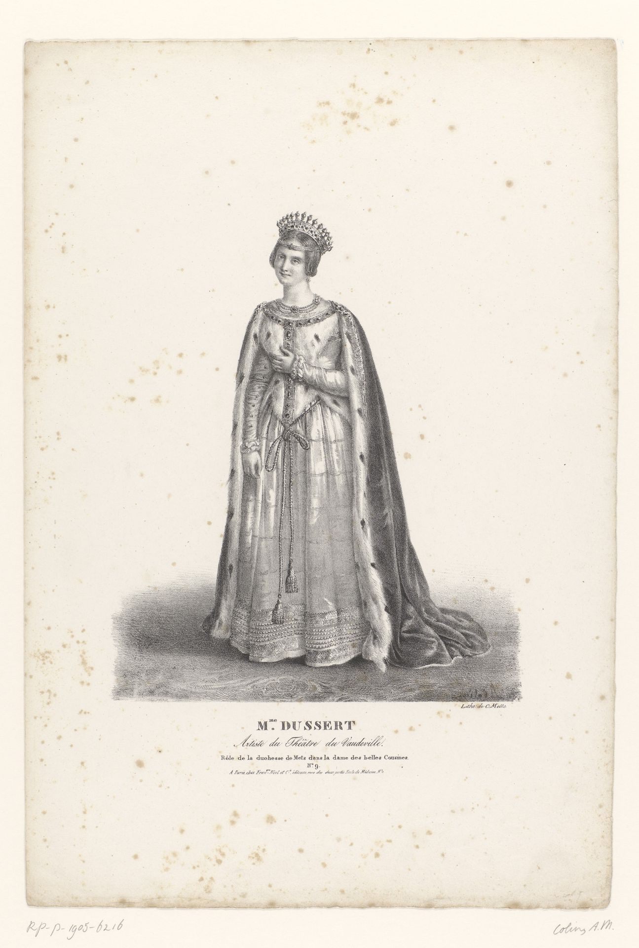 Portret van Anne Dussert als Duchesse de Mets in de vaudeville La Dame des Belles Cousines by Alexandre-Marie Colin