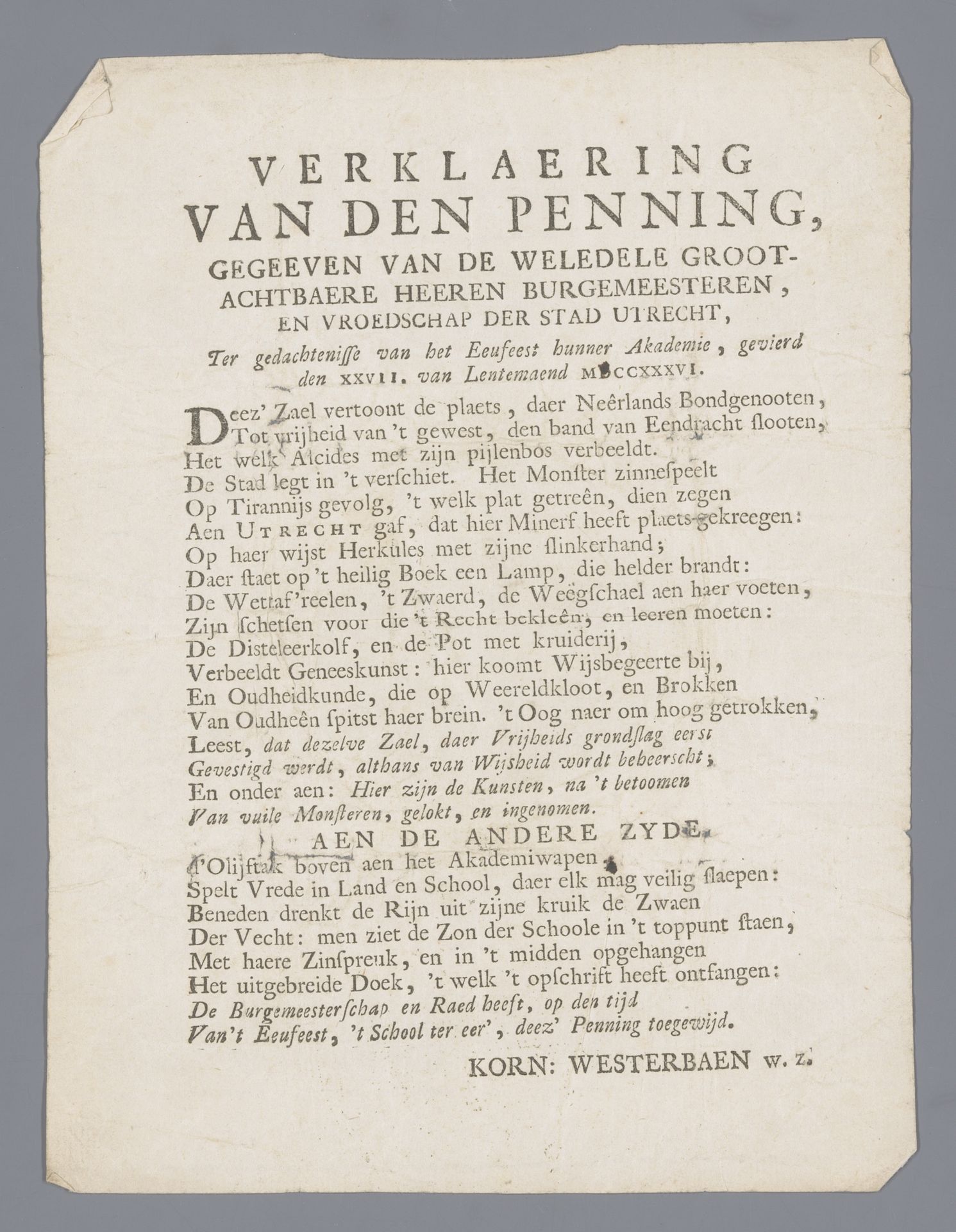 Verklaring van de penning door Johannes Drappentier sr. geslagen op het eeuwfeest van de Hogeschool te Utrecht by Anonymous