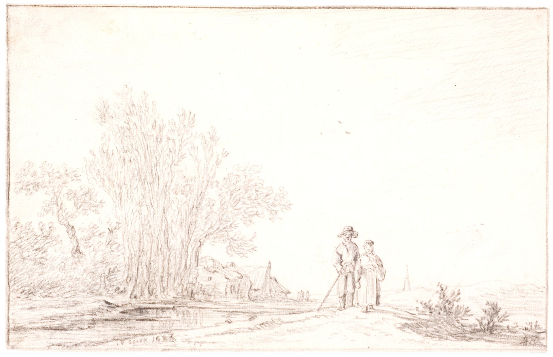Landskab med en vej langs en å by Jan van Goyen